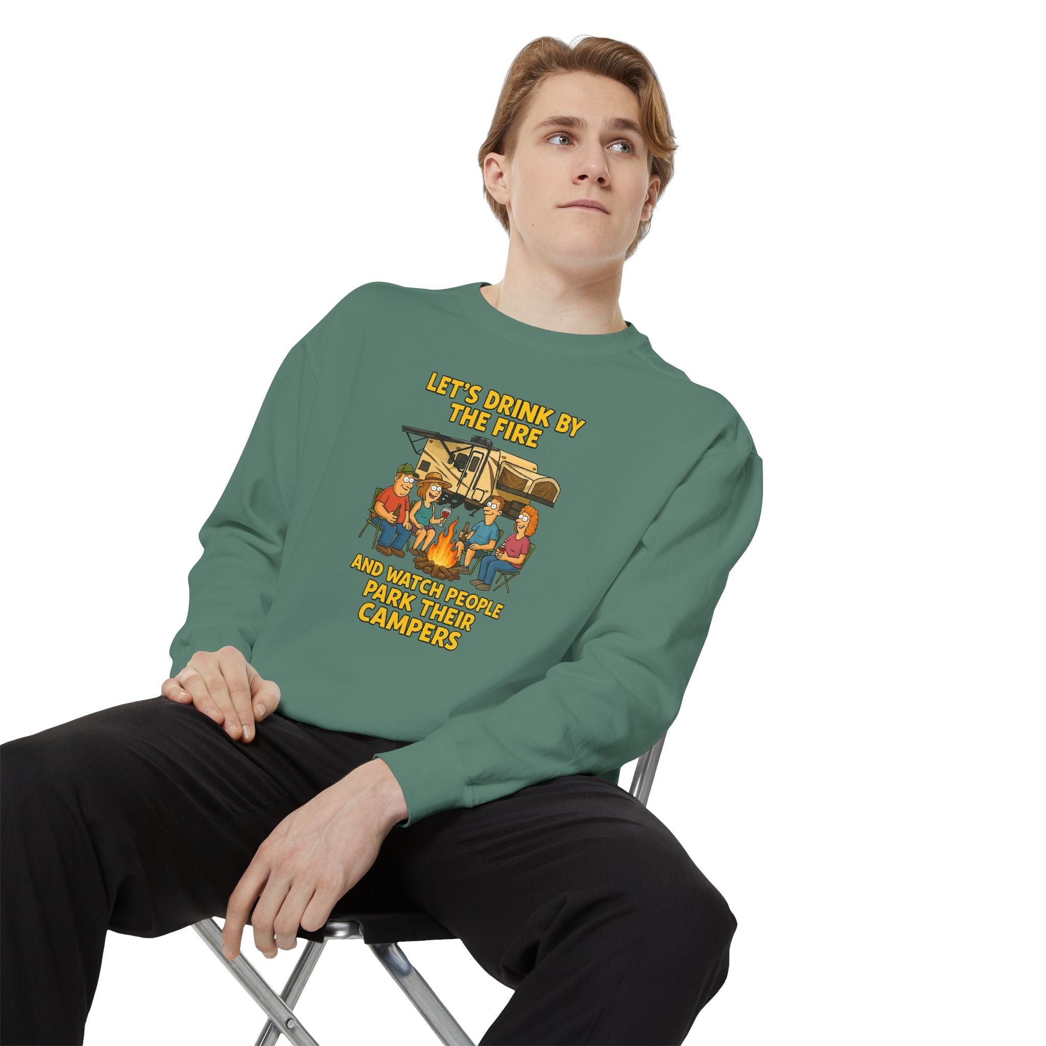 Cozy Campfire Sweatshirt - Let’s Drink by the Fire, Unisex Pullover, Perfect for Bonfires, Camping Trips, Outdoor Gatherings, Cozy Nights