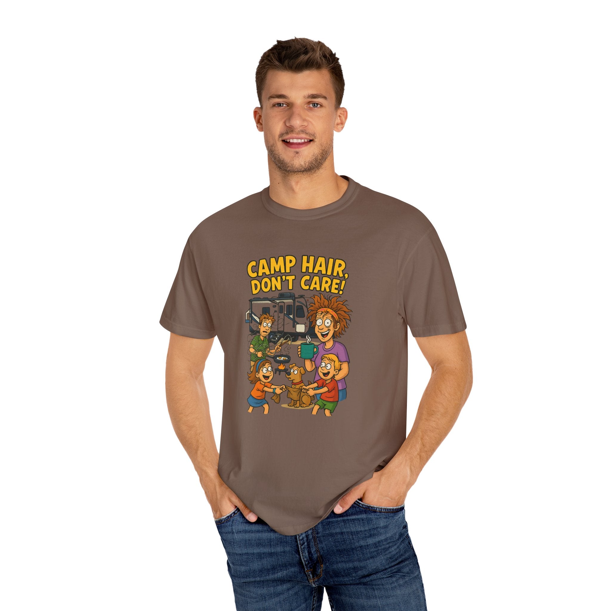 Camp Hair Don't Care T-Shirt, Unisex Garment-Dyed Tee, Camping Apparel, Funny Summer Shirt, Outdoor Lovers Gift, Vacation Essential