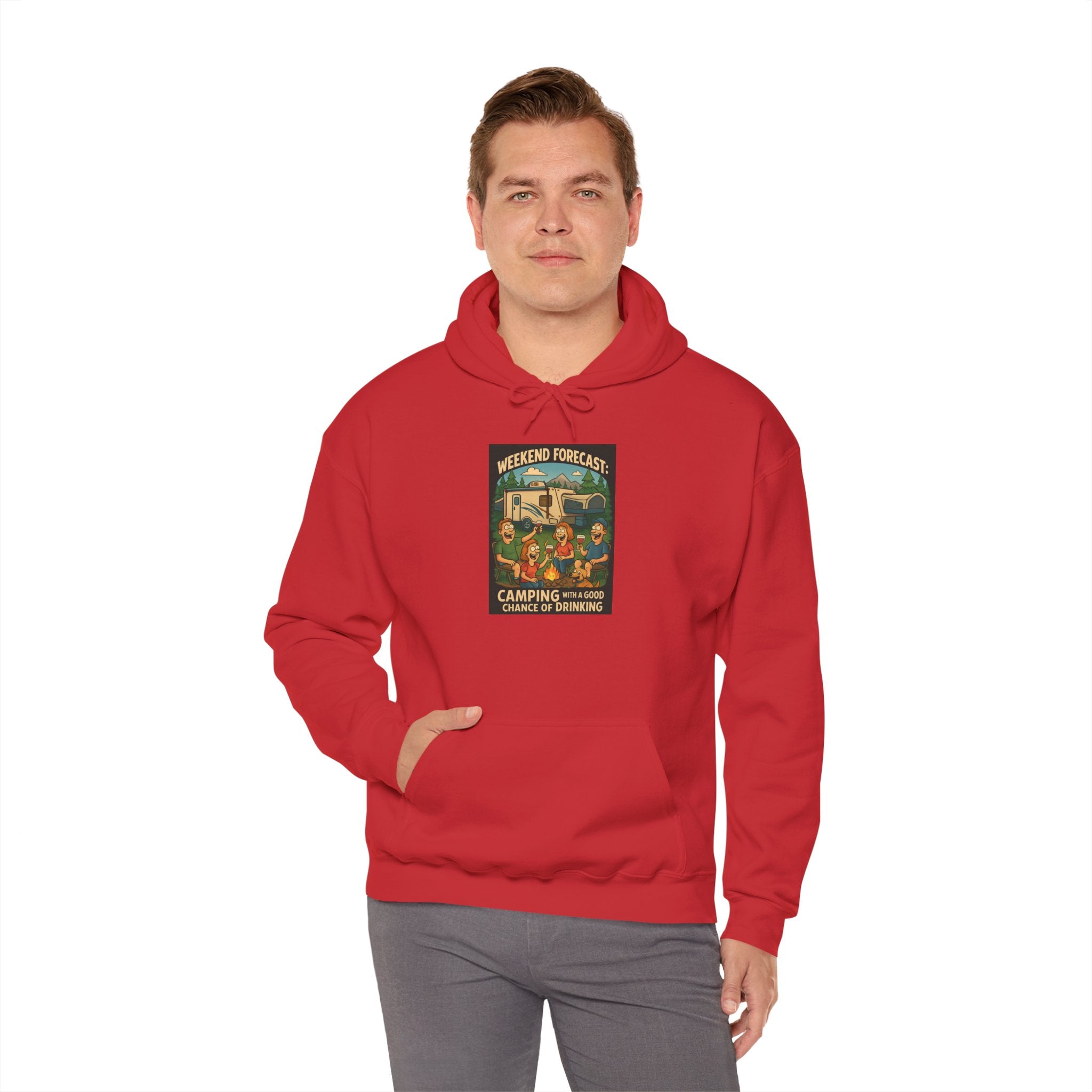 Camping Forecast Graphic Hoodie, Unisex Heavy Blend Sweatshirt, Outdoor Apparel, Weekend Getaway Gift, Nature Lover Clothing