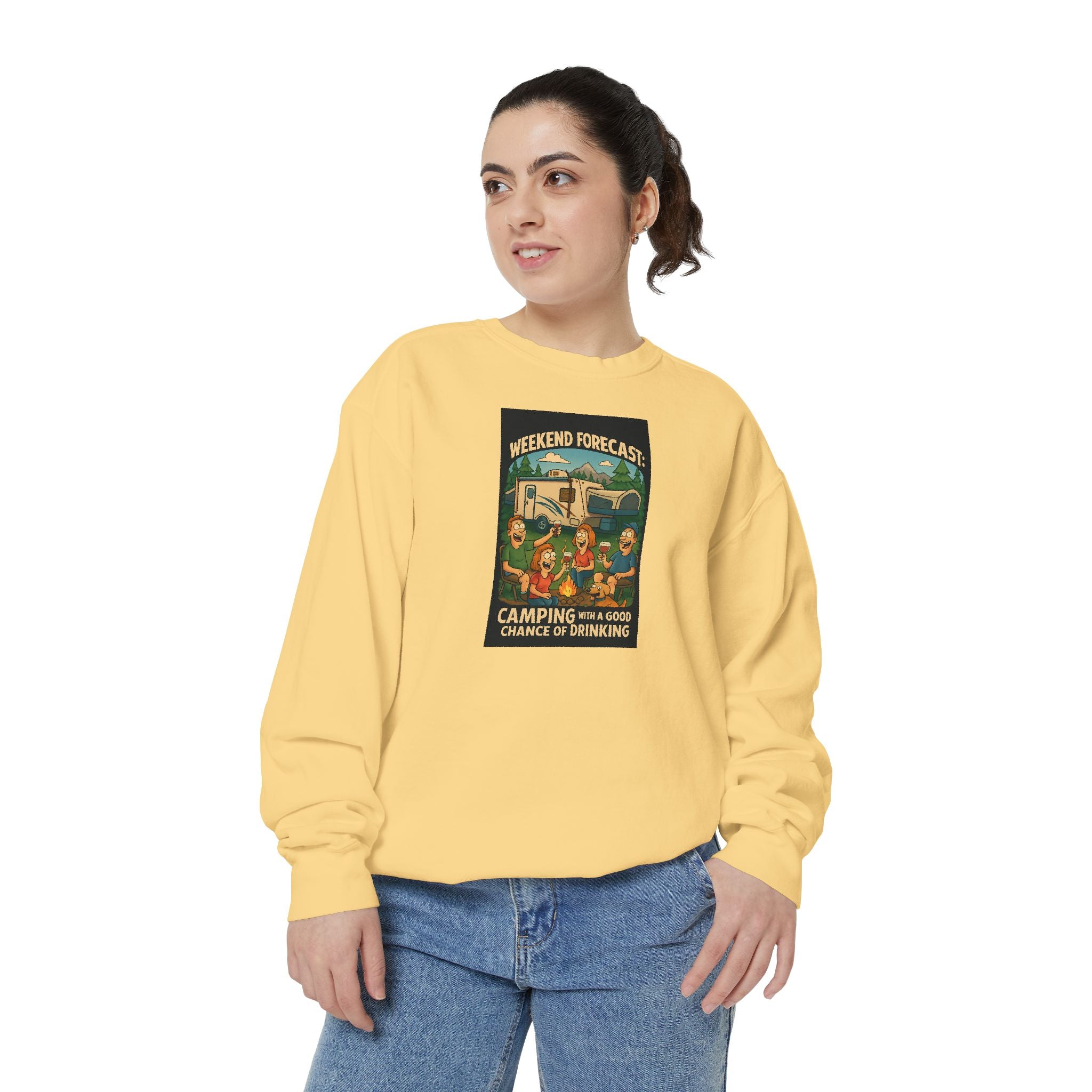 Weekend Forecast Camping Sweatshirt, Cozy Unisex Sweatshirt, Gift for Campers, Outdoor Adventure Apparel, Relaxed Fit Sweatshirt