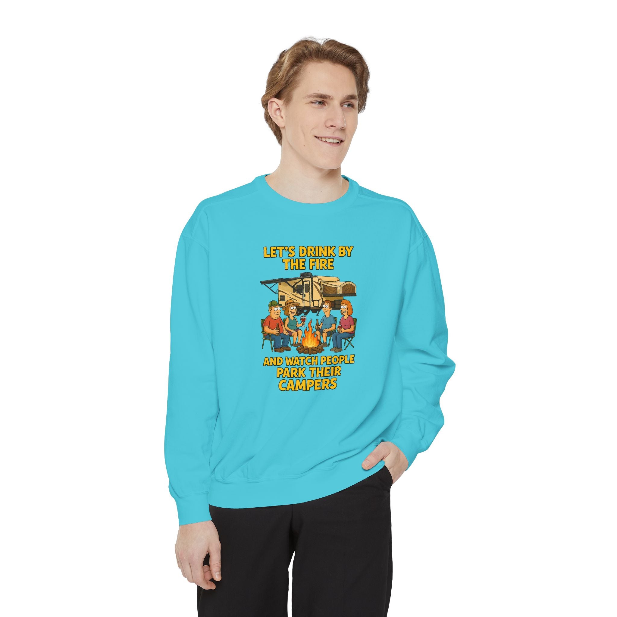 Cozy Campfire Sweatshirt - Let’s Drink by the Fire, Unisex Pullover, Perfect for Bonfires, Camping Trips, Outdoor Gatherings, Cozy Nights