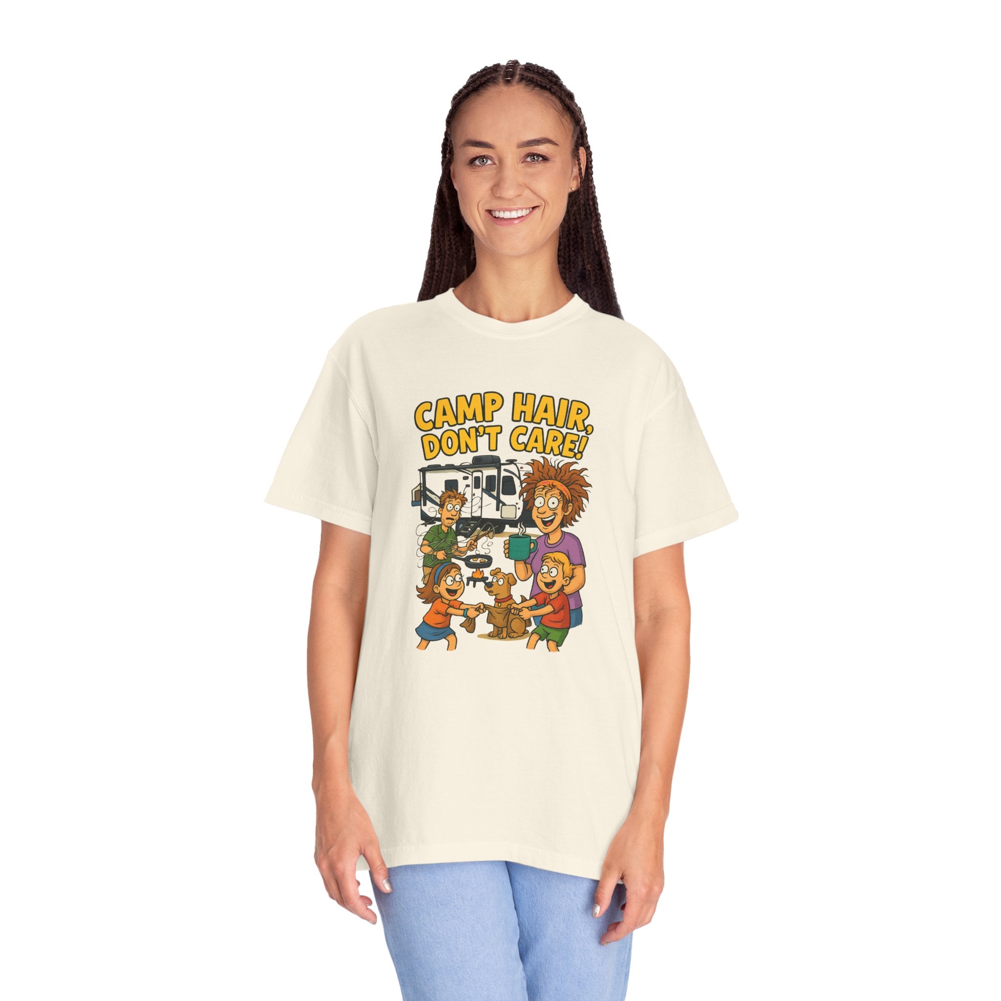 Camp Hair Don't Care T-Shirt, Unisex Garment-Dyed Tee, Camping Apparel, Funny Summer Shirt, Outdoor Lovers Gift, Vacation Essential