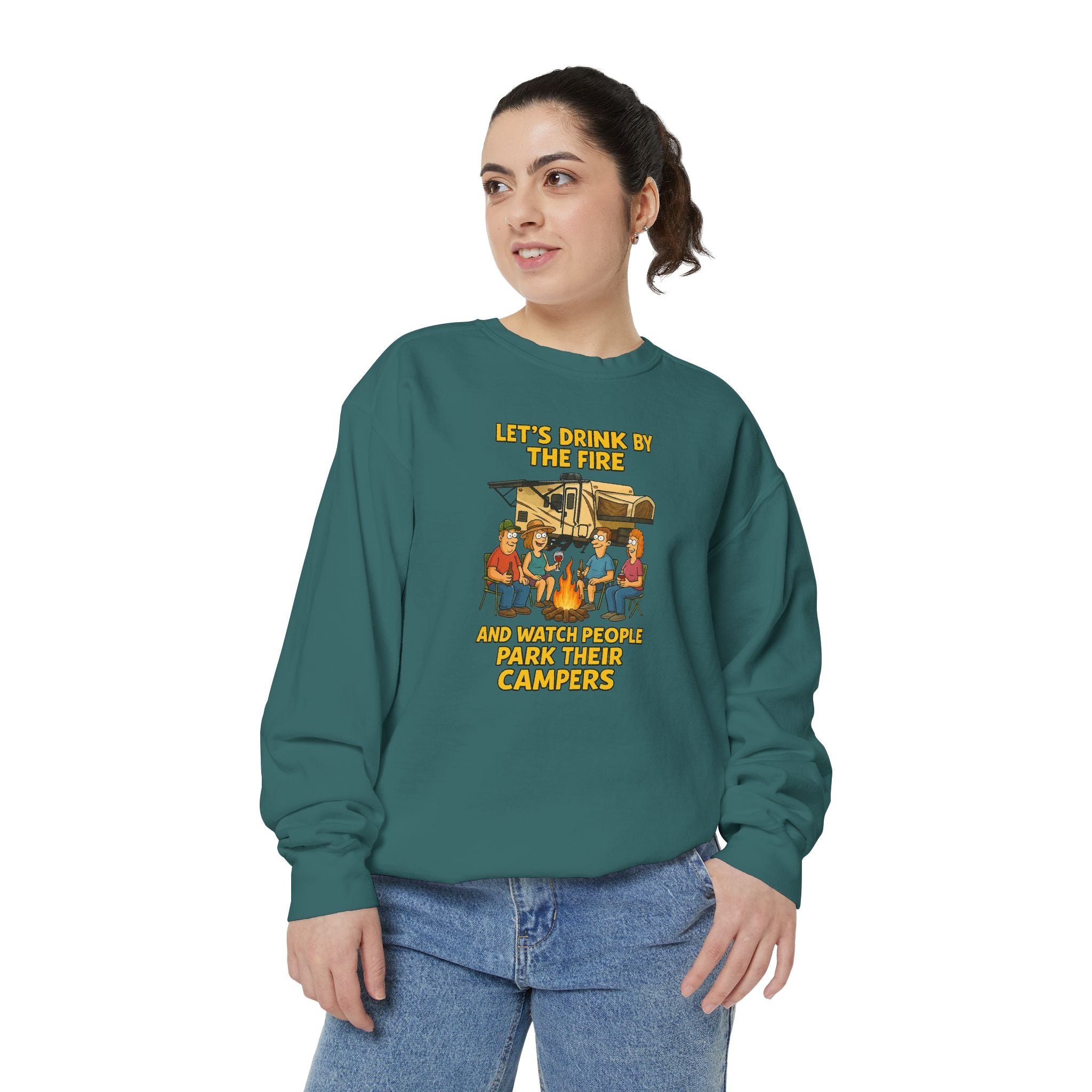 Cozy Campfire Sweatshirt - Let’s Drink by the Fire, Unisex Pullover, Perfect for Bonfires, Camping Trips, Outdoor Gatherings, Cozy Nights