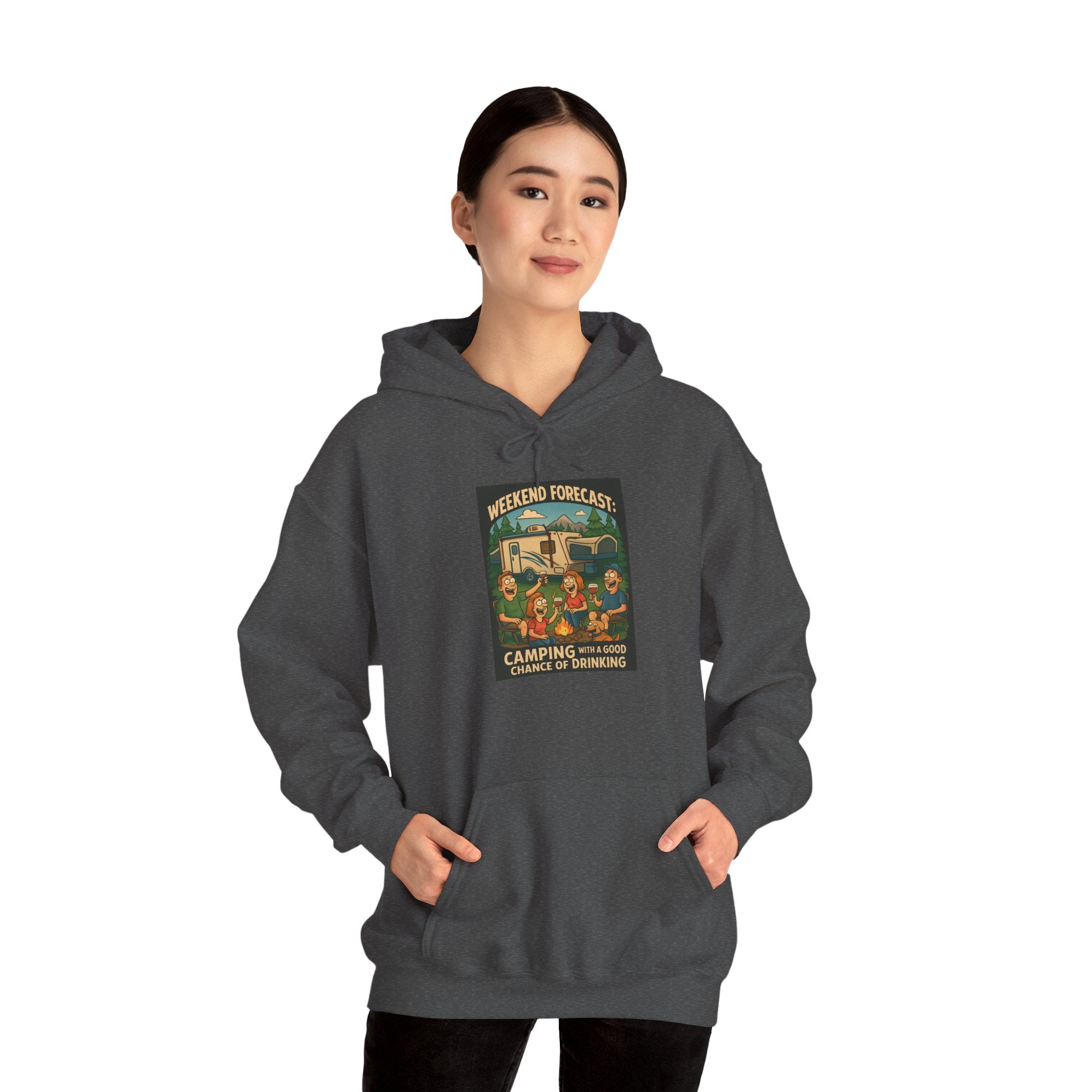 Camping Forecast Graphic Hoodie, Unisex Heavy Blend Sweatshirt, Outdoor Apparel, Weekend Getaway Gift, Nature Lover Clothing