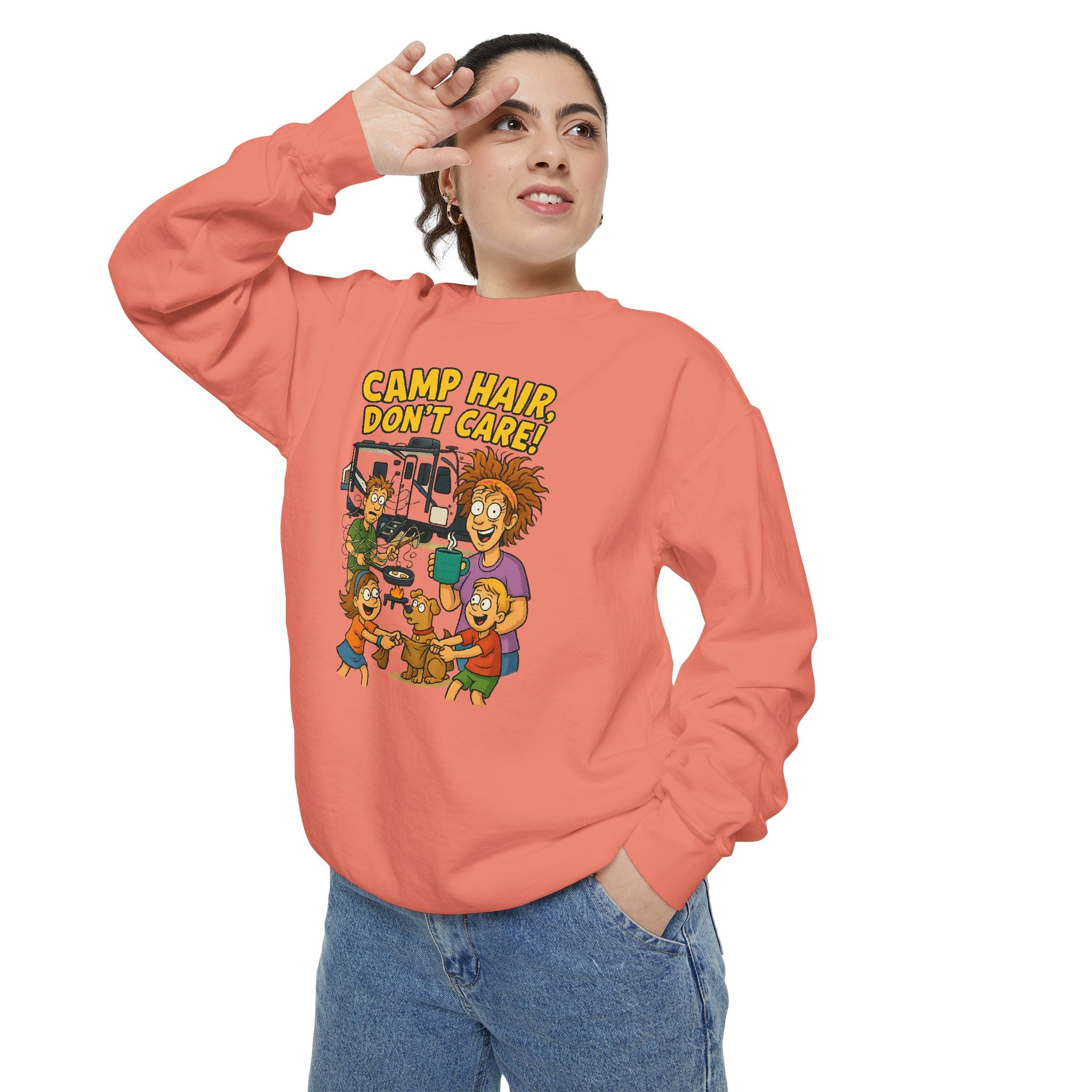 Camp Hair Don't Care Sweatshirt, Cozy Unisex Sweater, Perfect for Campers, Gift for Travel Lovers, Casual Outfit, All Season