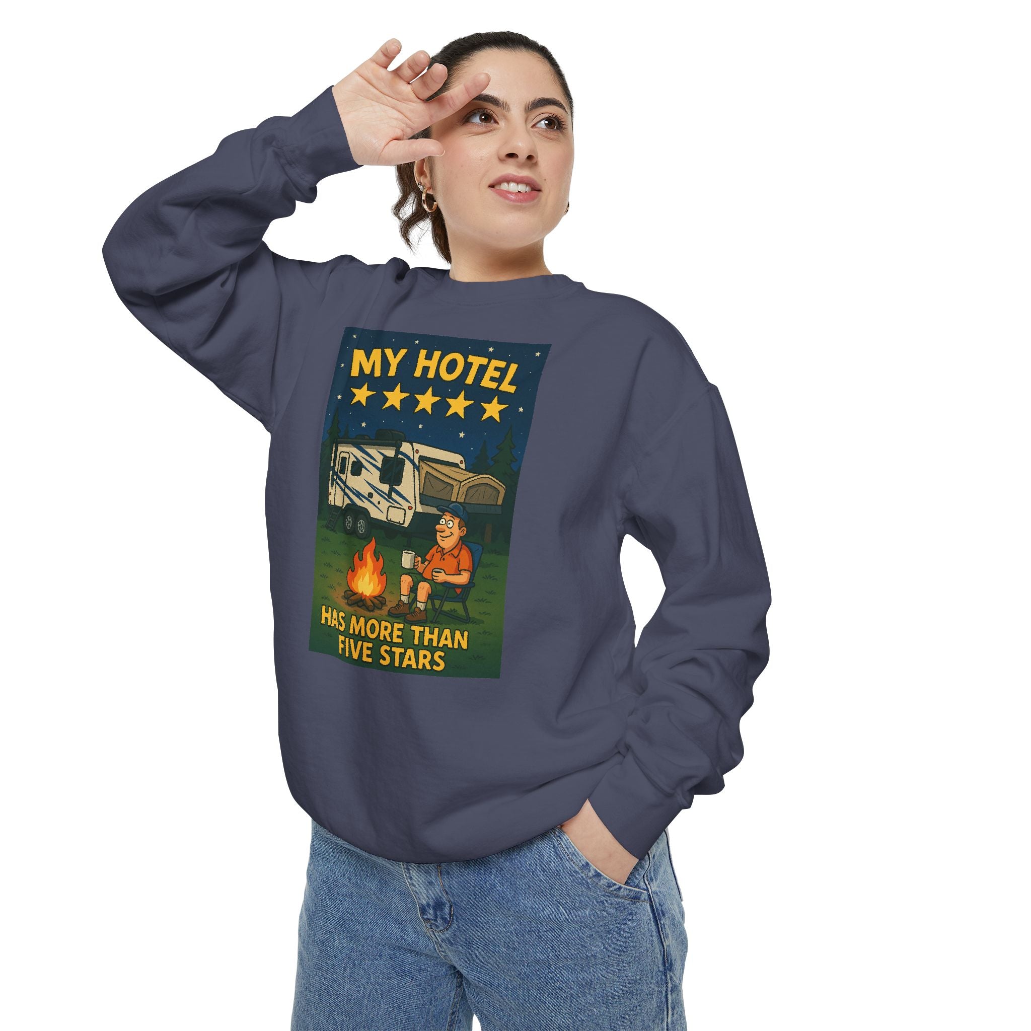 My Hotel Sweatshirt - Cozy Camping Apparel, Unisex Garment-Dyed Sweatshirt for Outdoor Lovers, Perfect for Bonfire Nights, Gift for Campers