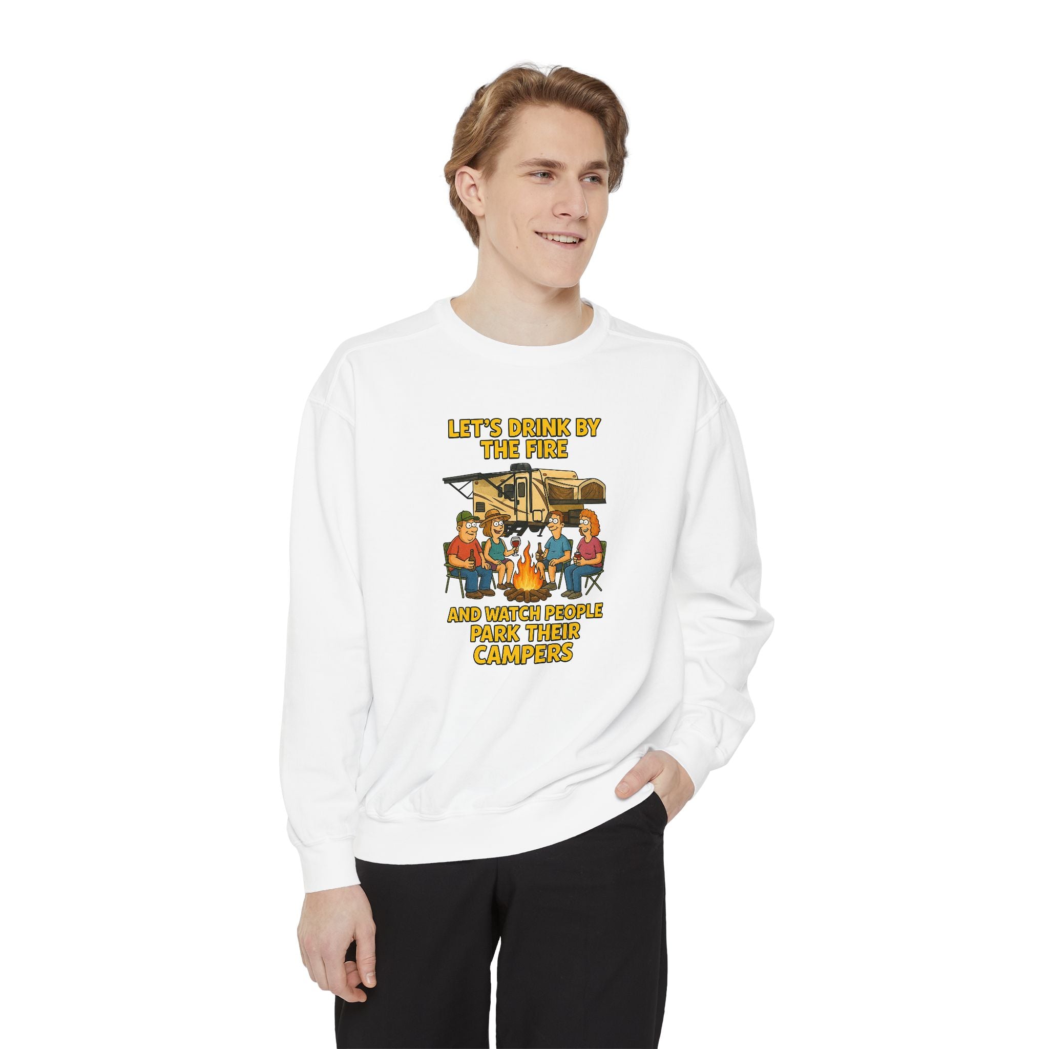Cozy Campfire Sweatshirt - Let’s Drink by the Fire, Unisex Pullover, Perfect for Bonfires, Camping Trips, Outdoor Gatherings, Cozy Nights