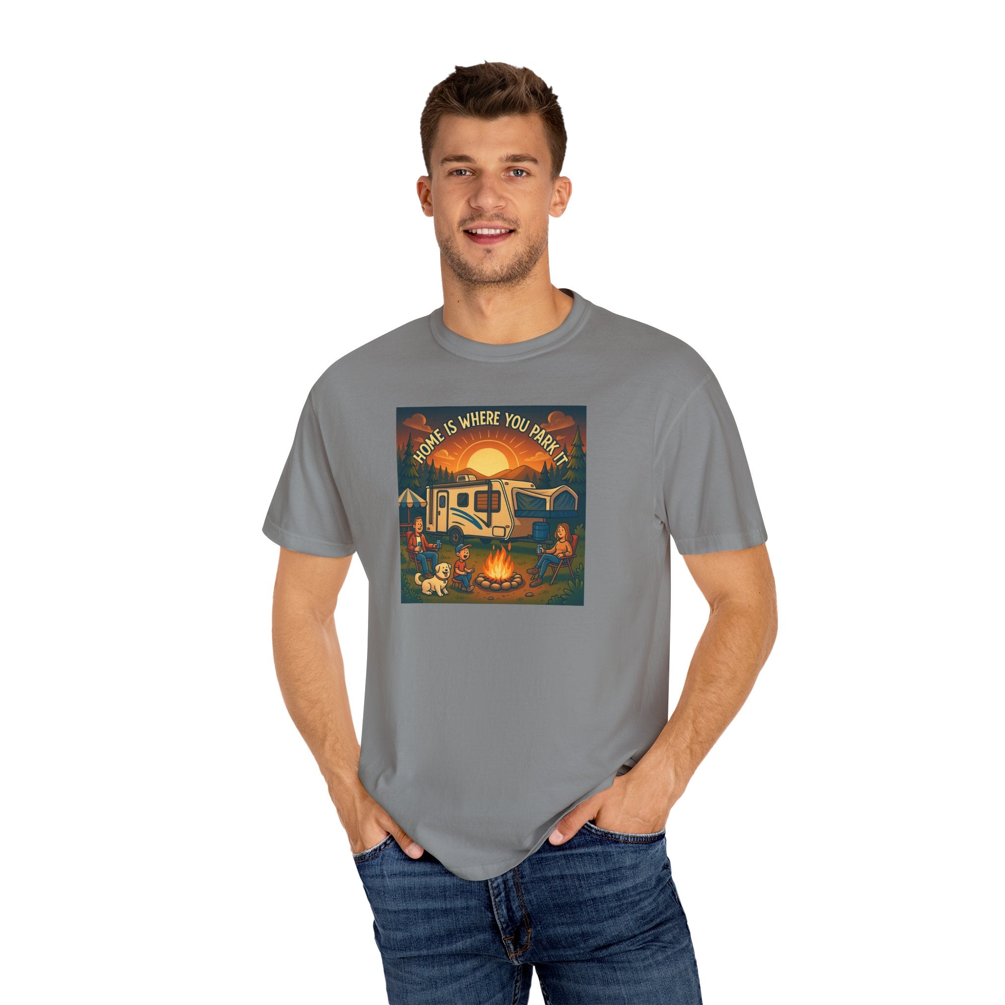 Home Is Where You Park T-shirt - Unisex Garment-Dyed Tee for Campers, Adventure Lovers, Outdoor Enthusiasts, Gift Idea
