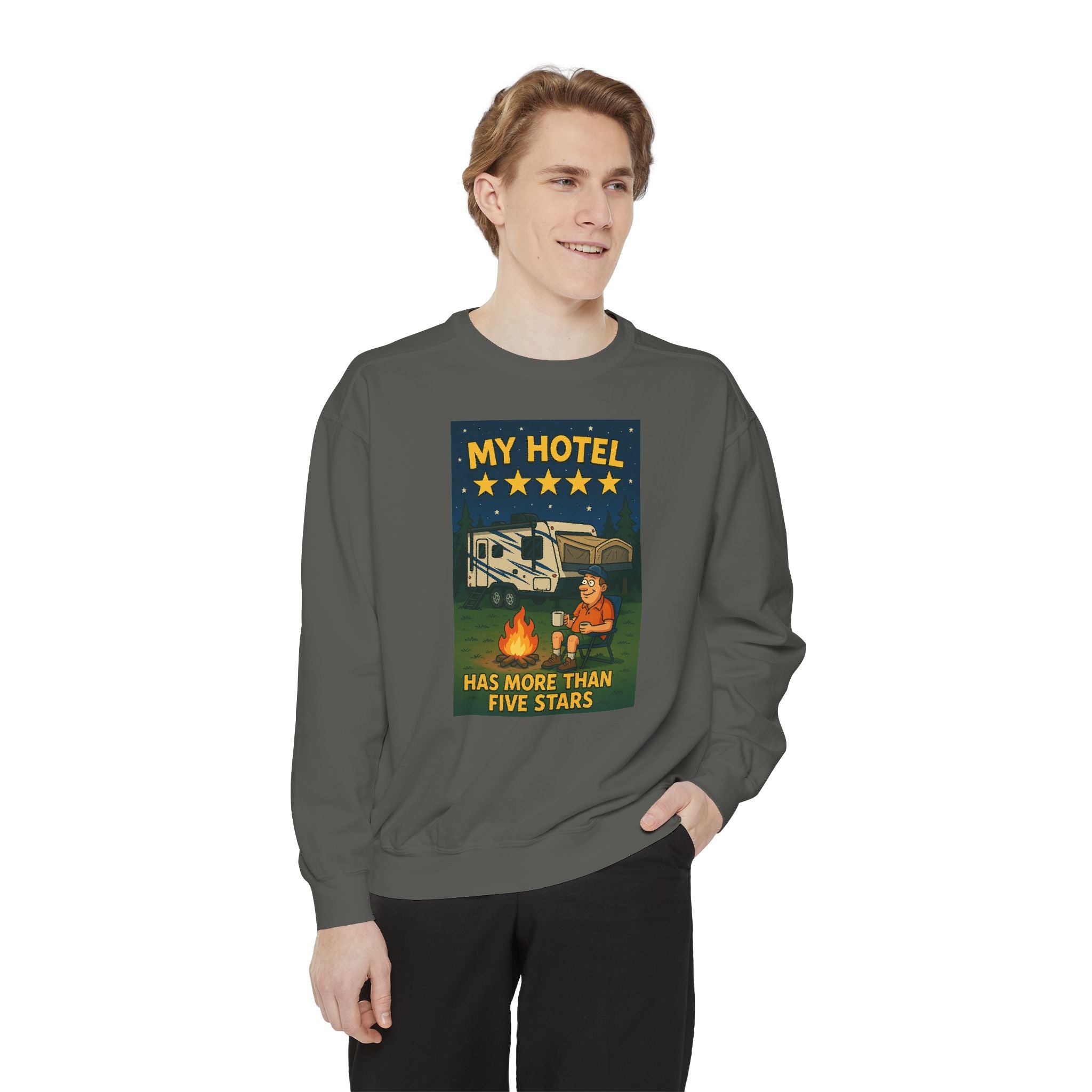 My Hotel Sweatshirt - Cozy Camping Apparel, Unisex Garment-Dyed Sweatshirt for Outdoor Lovers, Perfect for Bonfire Nights, Gift for Campers