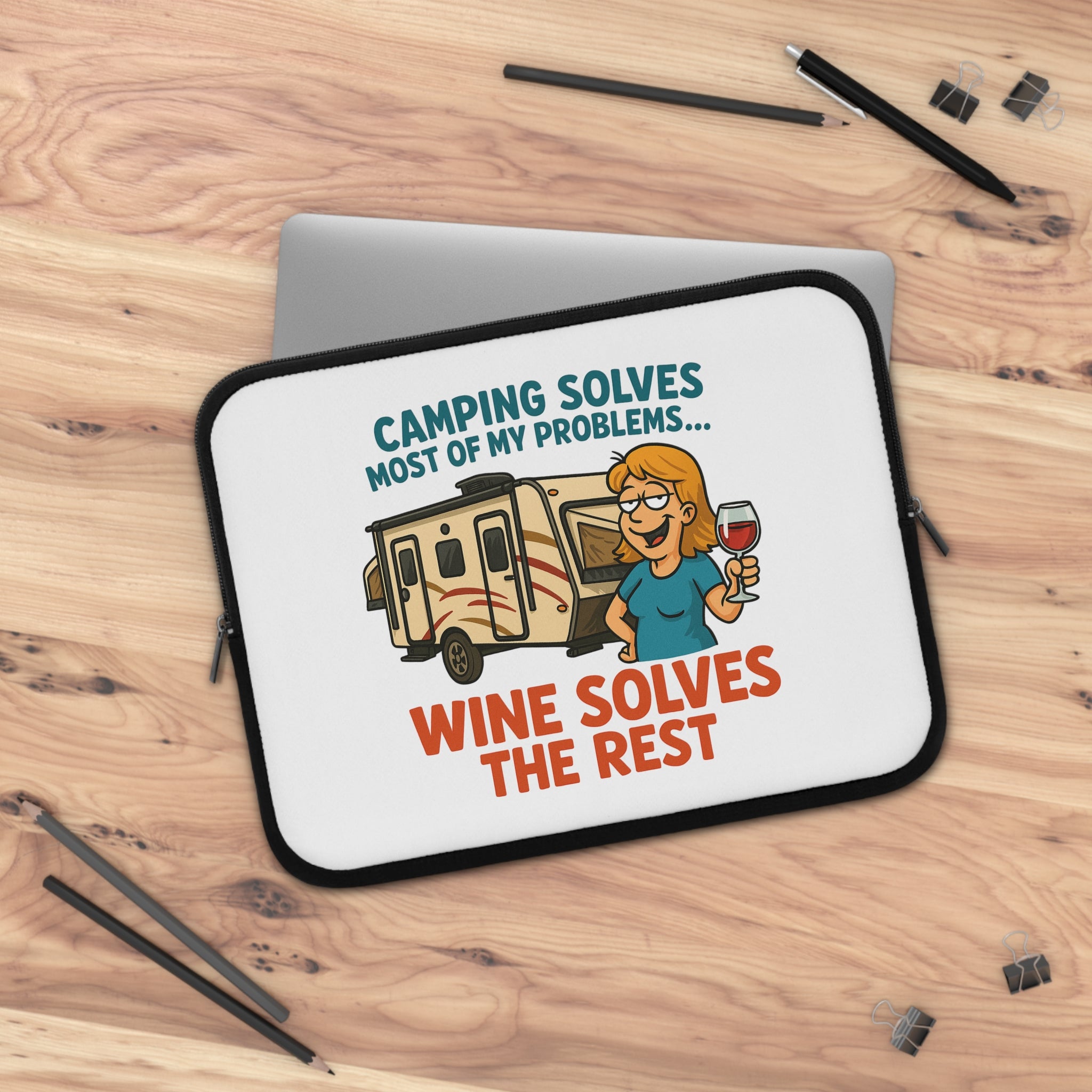 Camping Wine Lover's Laptop Sleeve, Neoprene Case, RV Gift, Wine Enthusiast Accessory, Outdoor Adventure Organizer