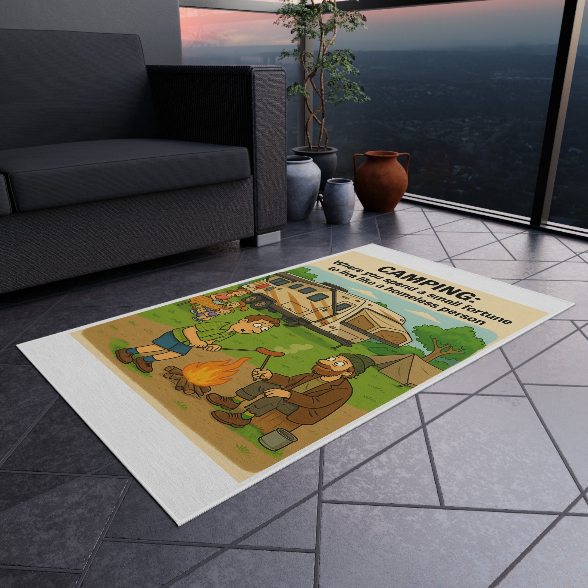 Camping Themed Outdoor Rug - Perfect for RV Adventures, Picnics, and Backyard Gatherings, Unique Gift for Outdoor Lovers