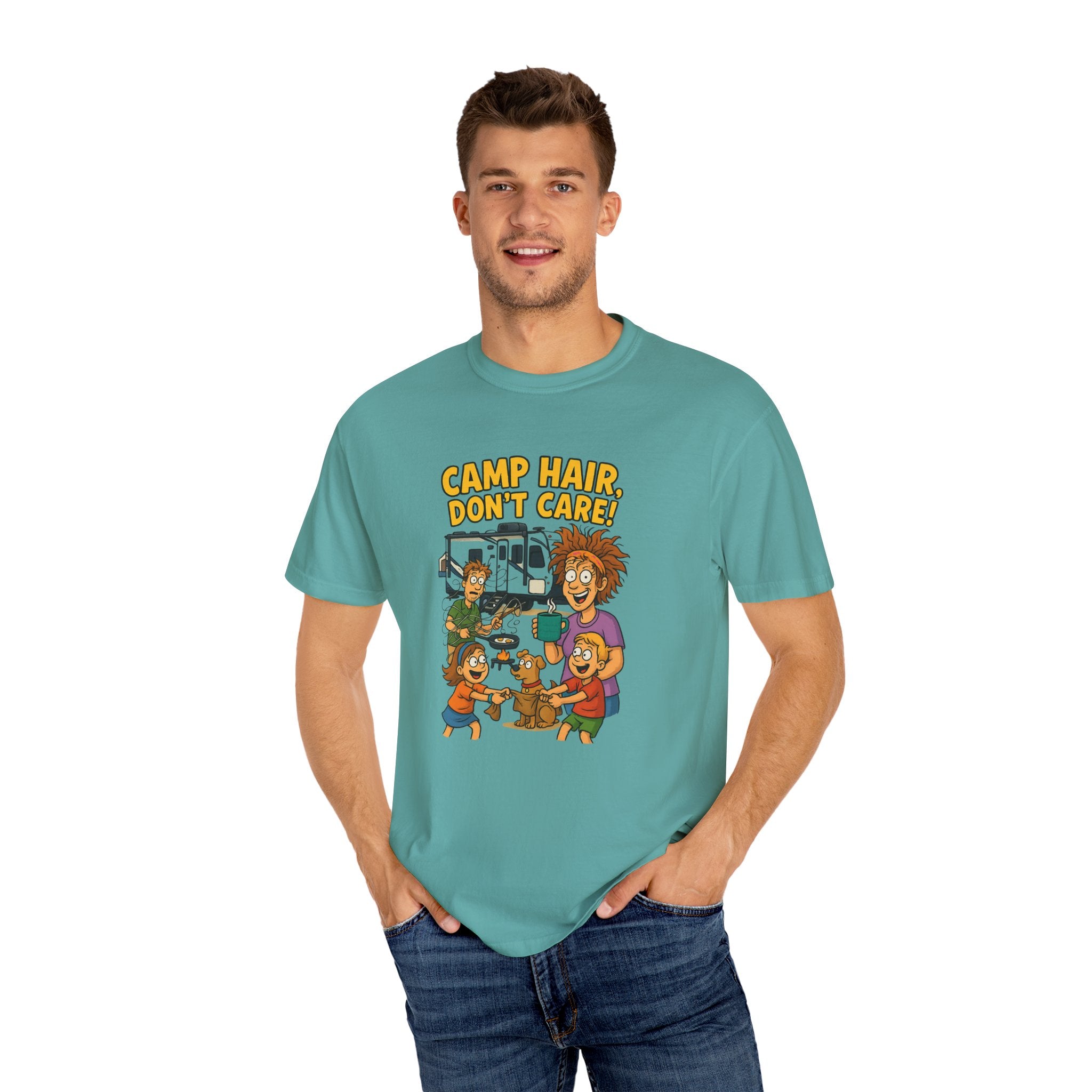 Camp Hair Don't Care T-Shirt, Unisex Garment-Dyed Tee, Camping Apparel, Funny Summer Shirt, Outdoor Lovers Gift, Vacation Essential