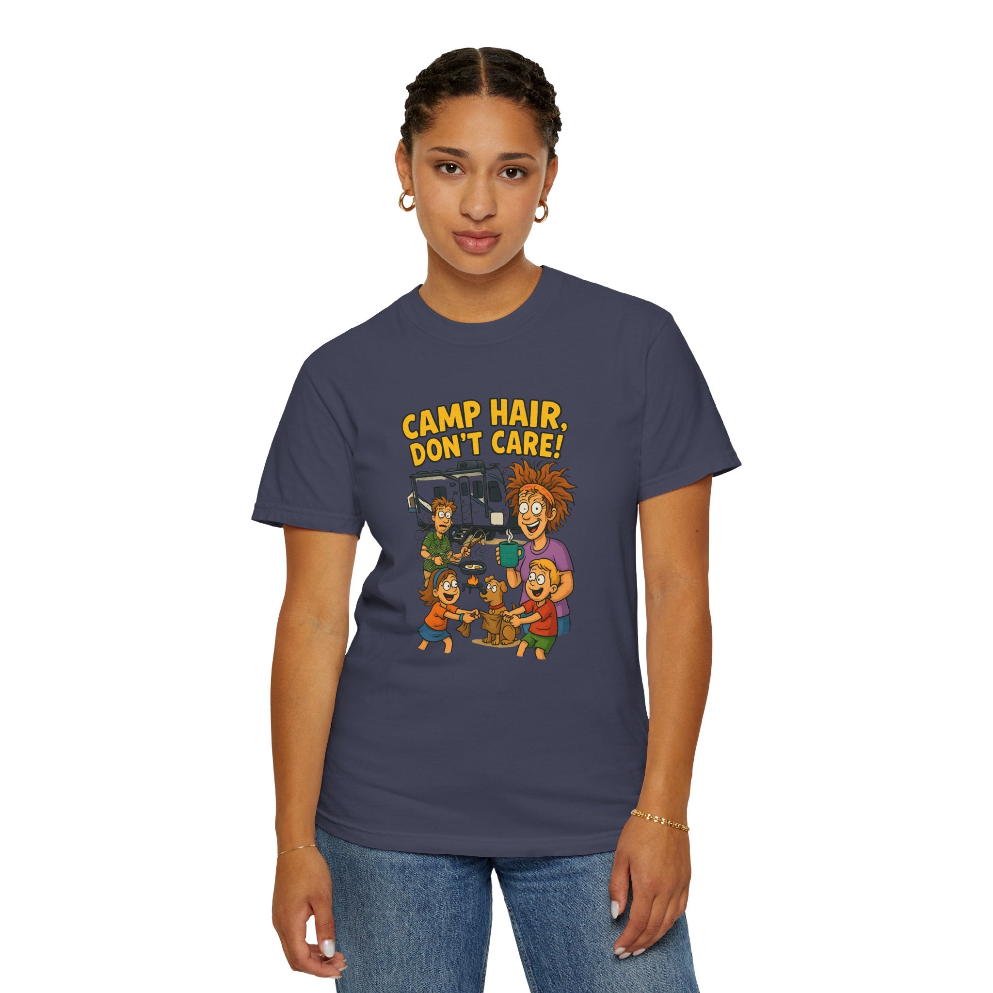 Camp Hair Don't Care T-Shirt, Unisex Garment-Dyed Tee, Camping Apparel, Funny Summer Shirt, Outdoor Lovers Gift, Vacation Essential