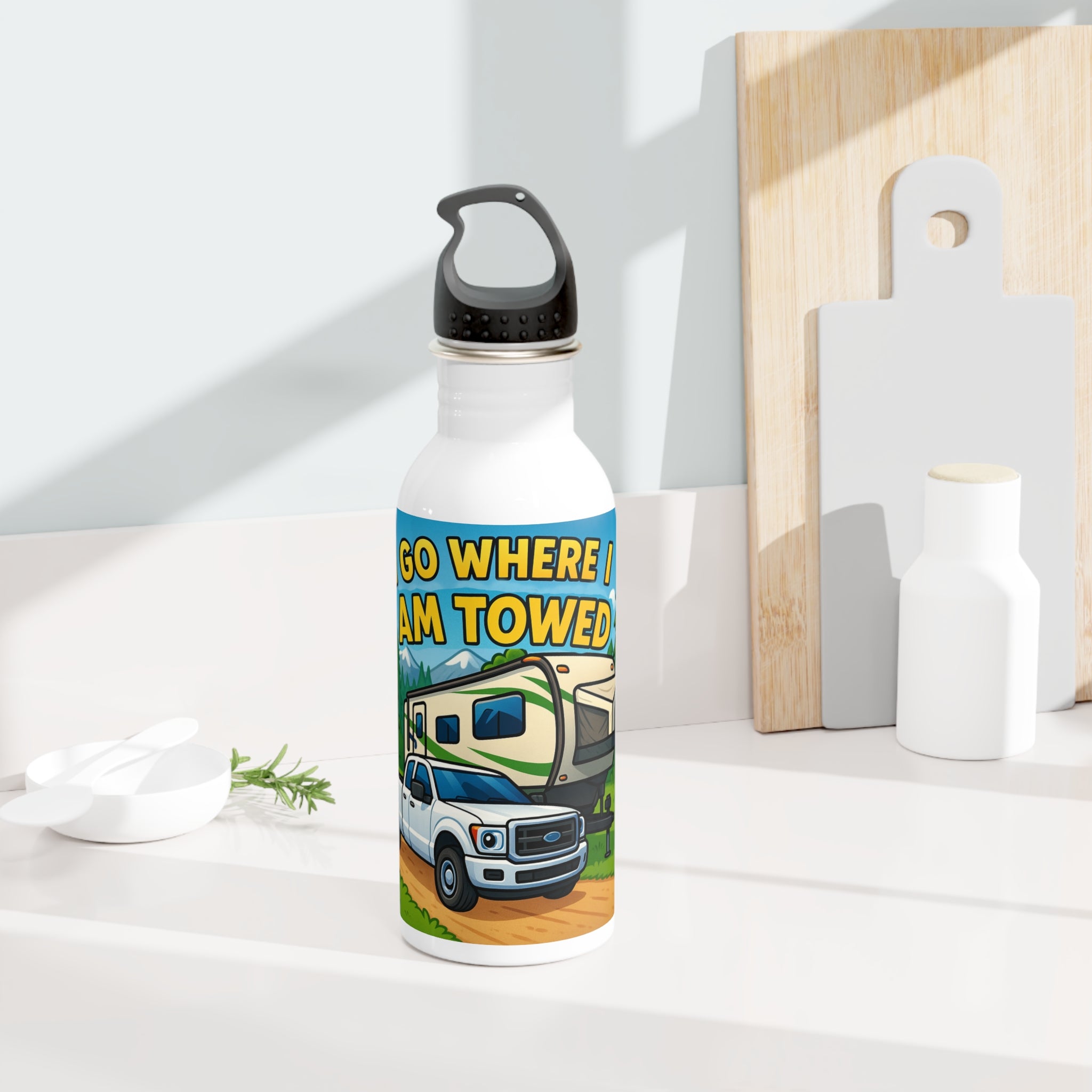 Adventure RV Stainless Steel Water Bottle, Travel Mug for Camping, Outdoor Enthusiasts, Go Where I'm Towed, Perfect Gift for Road Trips