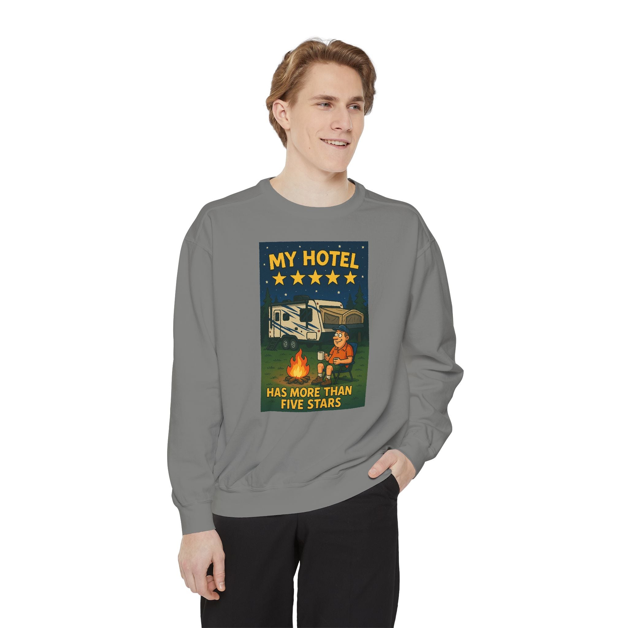 My Hotel Sweatshirt - Cozy Camping Apparel, Unisex Garment-Dyed Sweatshirt for Outdoor Lovers, Perfect for Bonfire Nights, Gift for Campers
