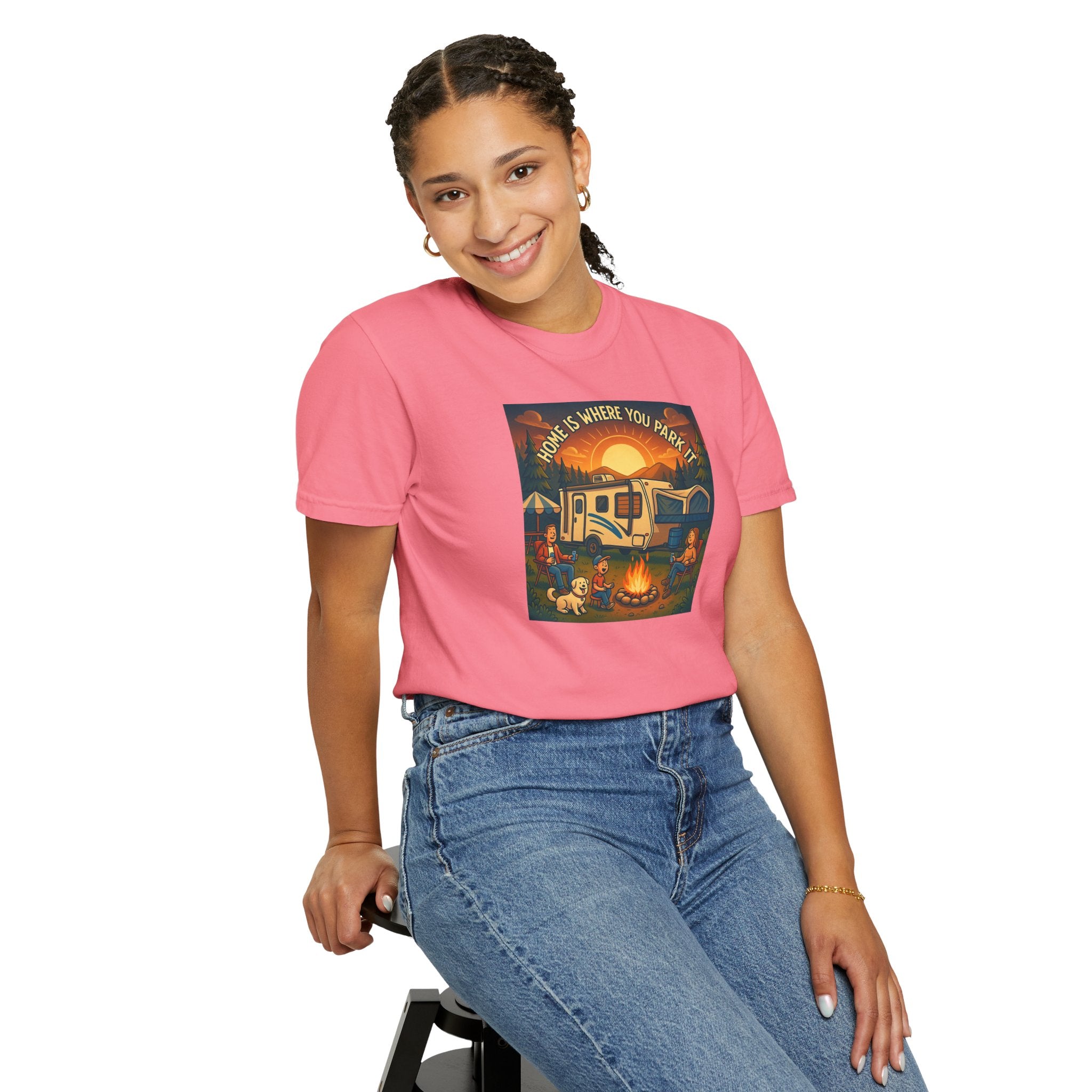 Home Is Where You Park T-shirt - Unisex Garment-Dyed Tee for Campers, Adventure Lovers, Outdoor Enthusiasts, Gift Idea