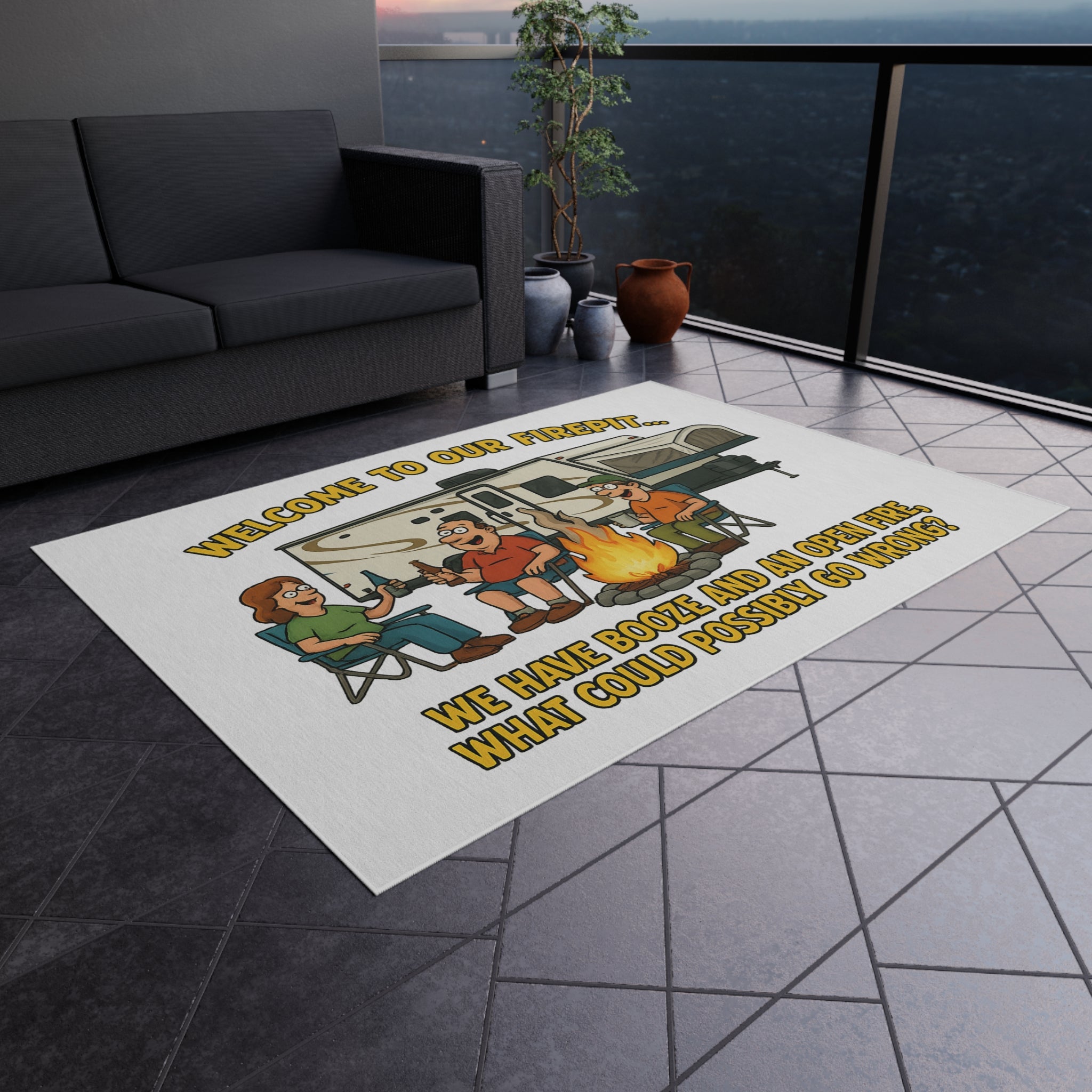 Welcome to Our Firepit Outdoor Rug - Perfect for Camping, Backyard Gatherings, RV Decor, and Bonfire Nights