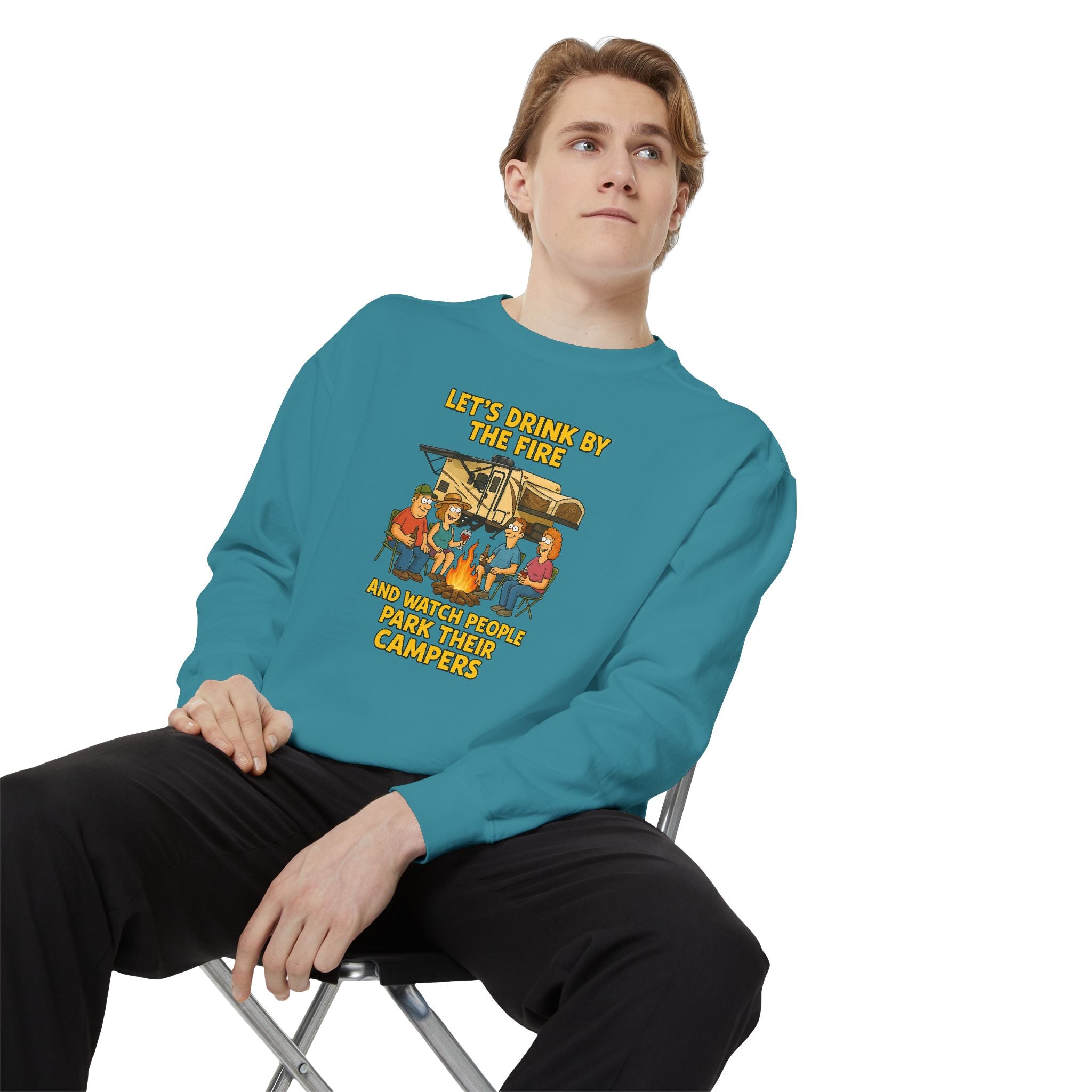 Cozy Campfire Sweatshirt - Let’s Drink by the Fire, Unisex Pullover, Perfect for Bonfires, Camping Trips, Outdoor Gatherings, Cozy Nights