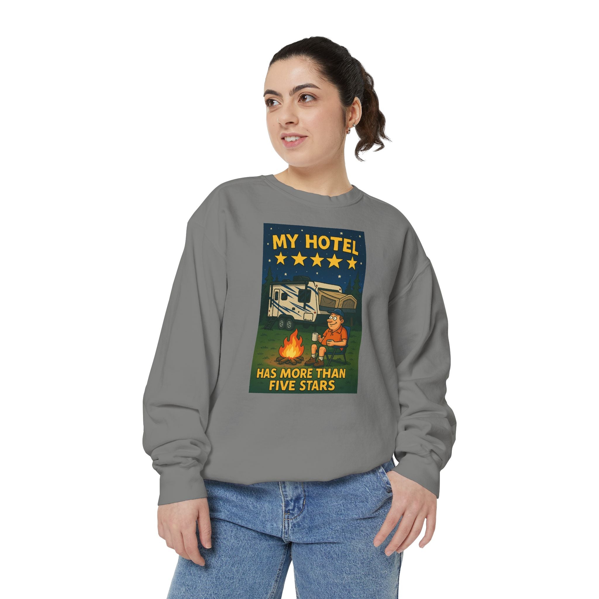 My Hotel Sweatshirt - Cozy Camping Apparel, Unisex Garment-Dyed Sweatshirt for Outdoor Lovers, Perfect for Bonfire Nights, Gift for Campers