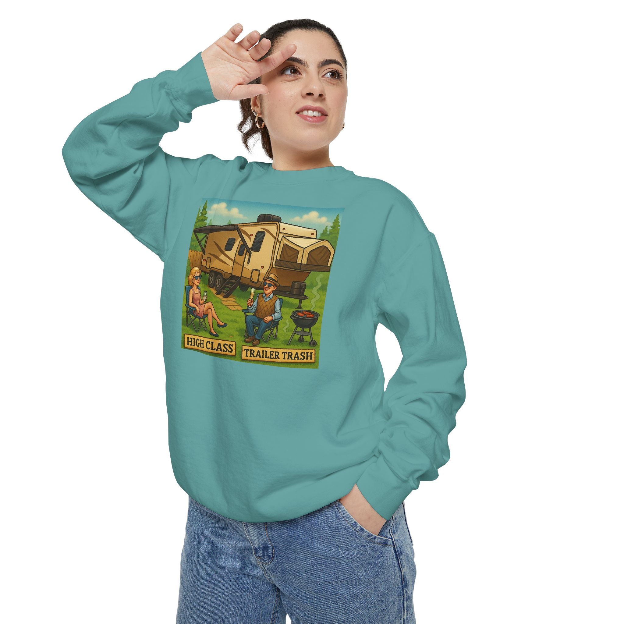 Vintage-Inspired Unisex Sweatshirt with 'High Class Trail Trash' Design