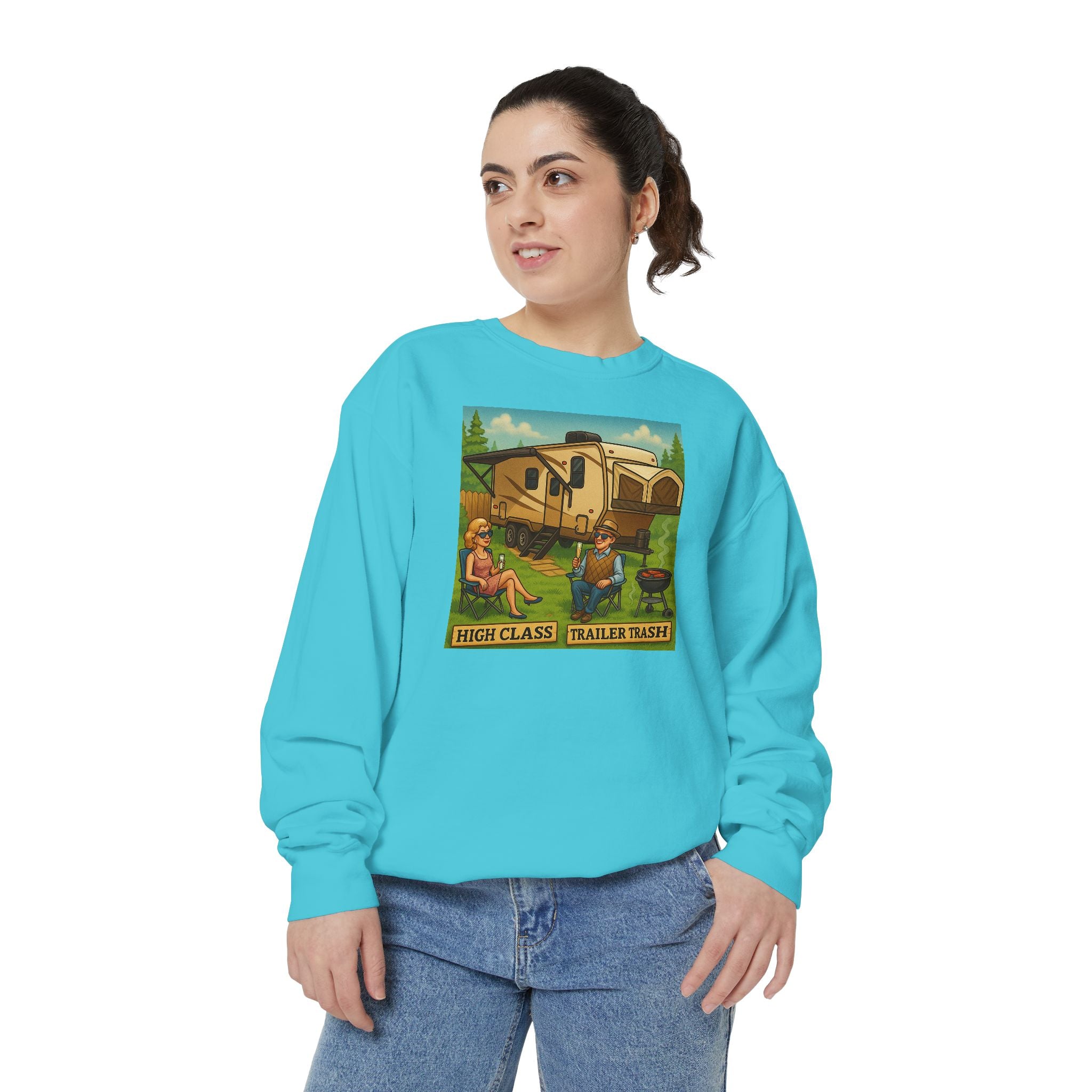 Vintage-Inspired Unisex Sweatshirt with 'High Class Trail Trash' Design