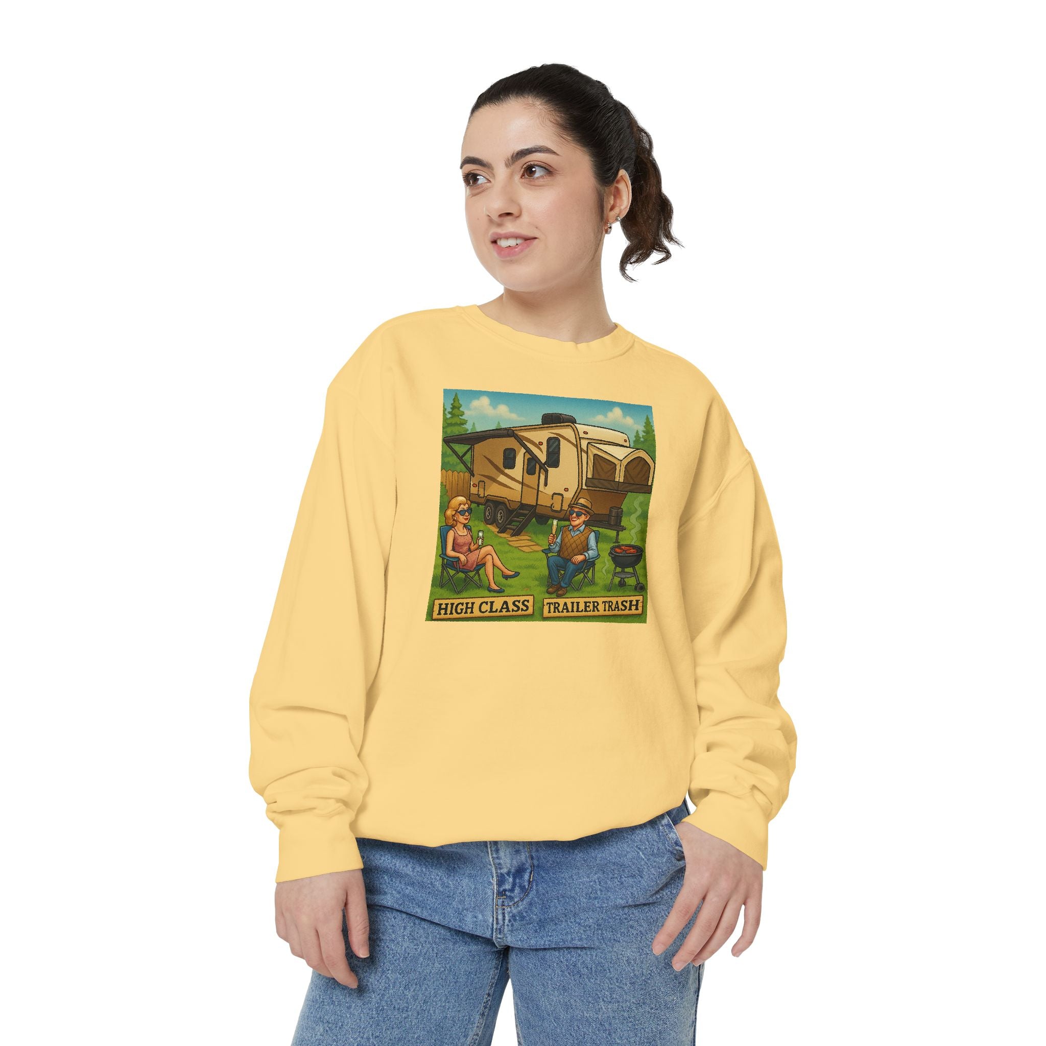Vintage-Inspired Unisex Sweatshirt with 'High Class Trail Trash' Design
