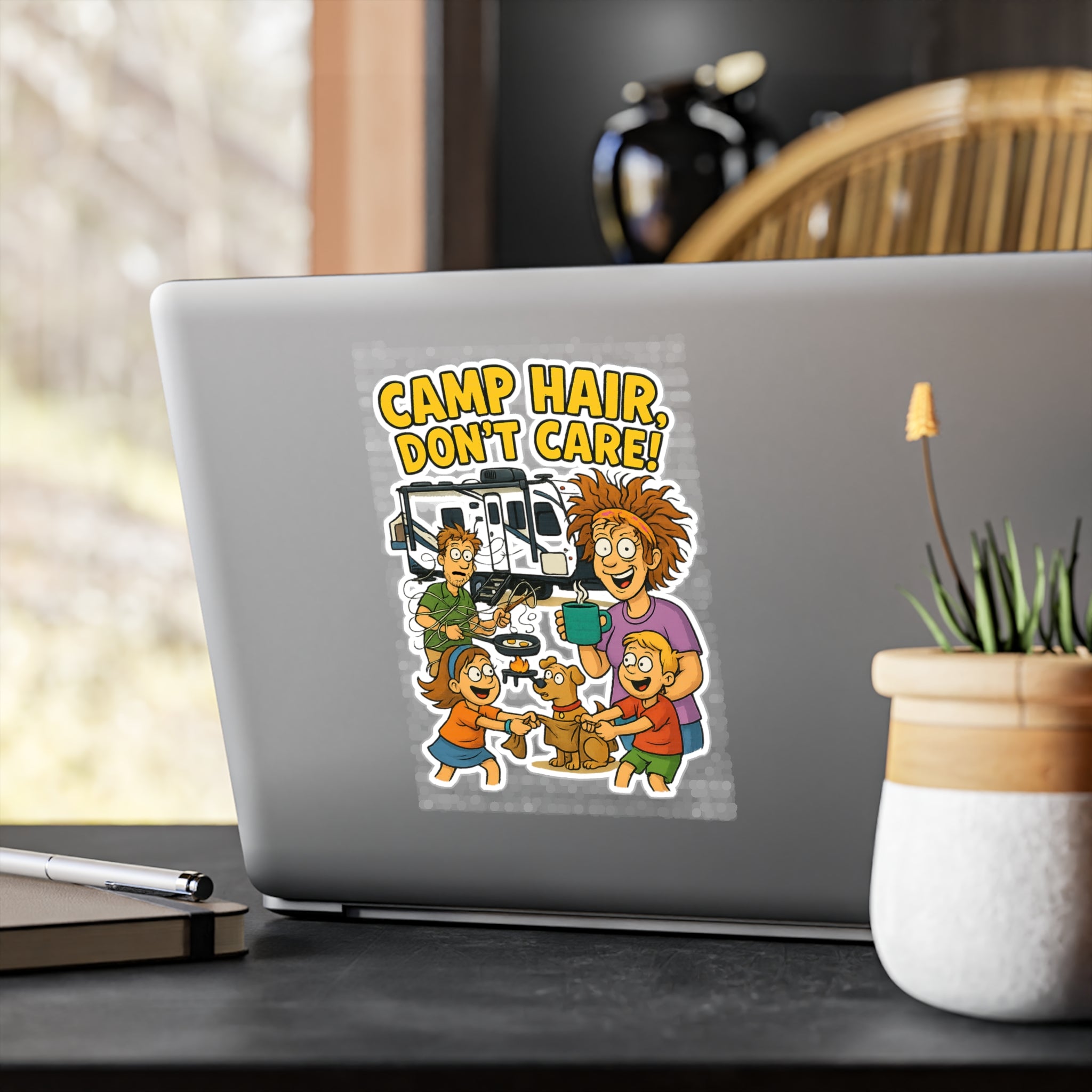 Camp Hair Don't Care Vinyl Decals, Fun Stickers for RV Campers, Outdoor Adventure Decor, Family Road Trip Accessories, Car Window Stickers