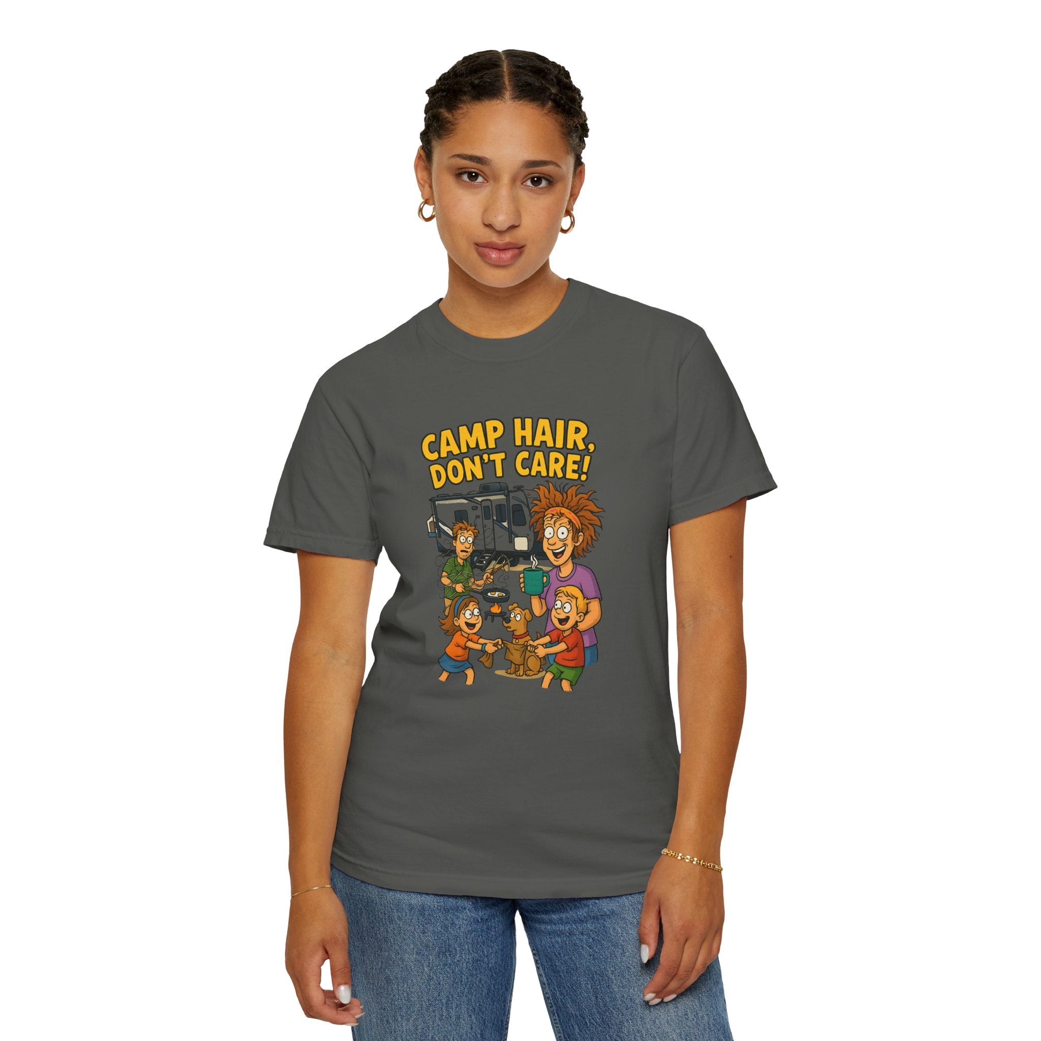 Camp Hair Don't Care T-Shirt, Unisex Garment-Dyed Tee, Camping Apparel, Funny Summer Shirt, Outdoor Lovers Gift, Vacation Essential