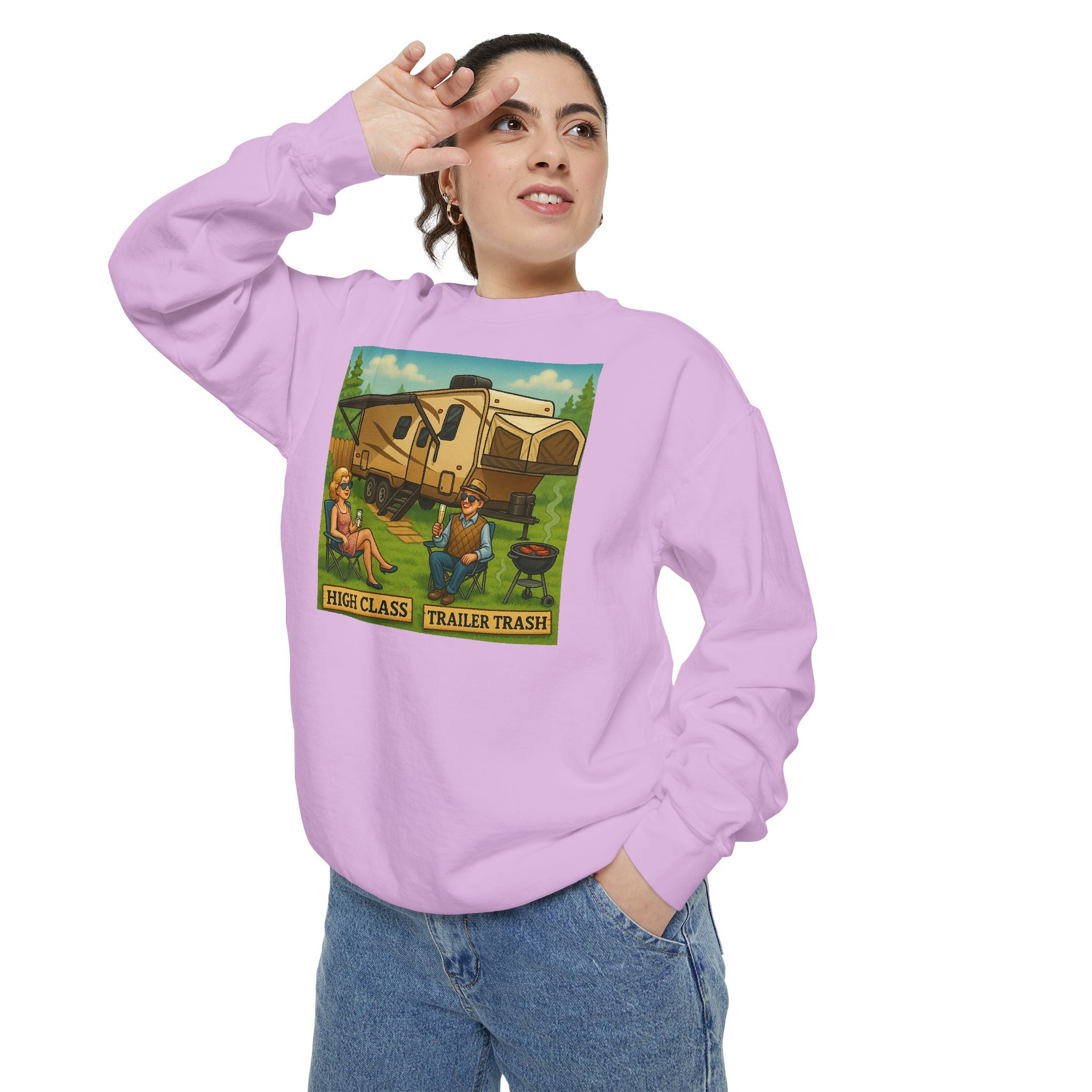 Vintage-Inspired Unisex Sweatshirt with 'High Class Trail Trash' Design