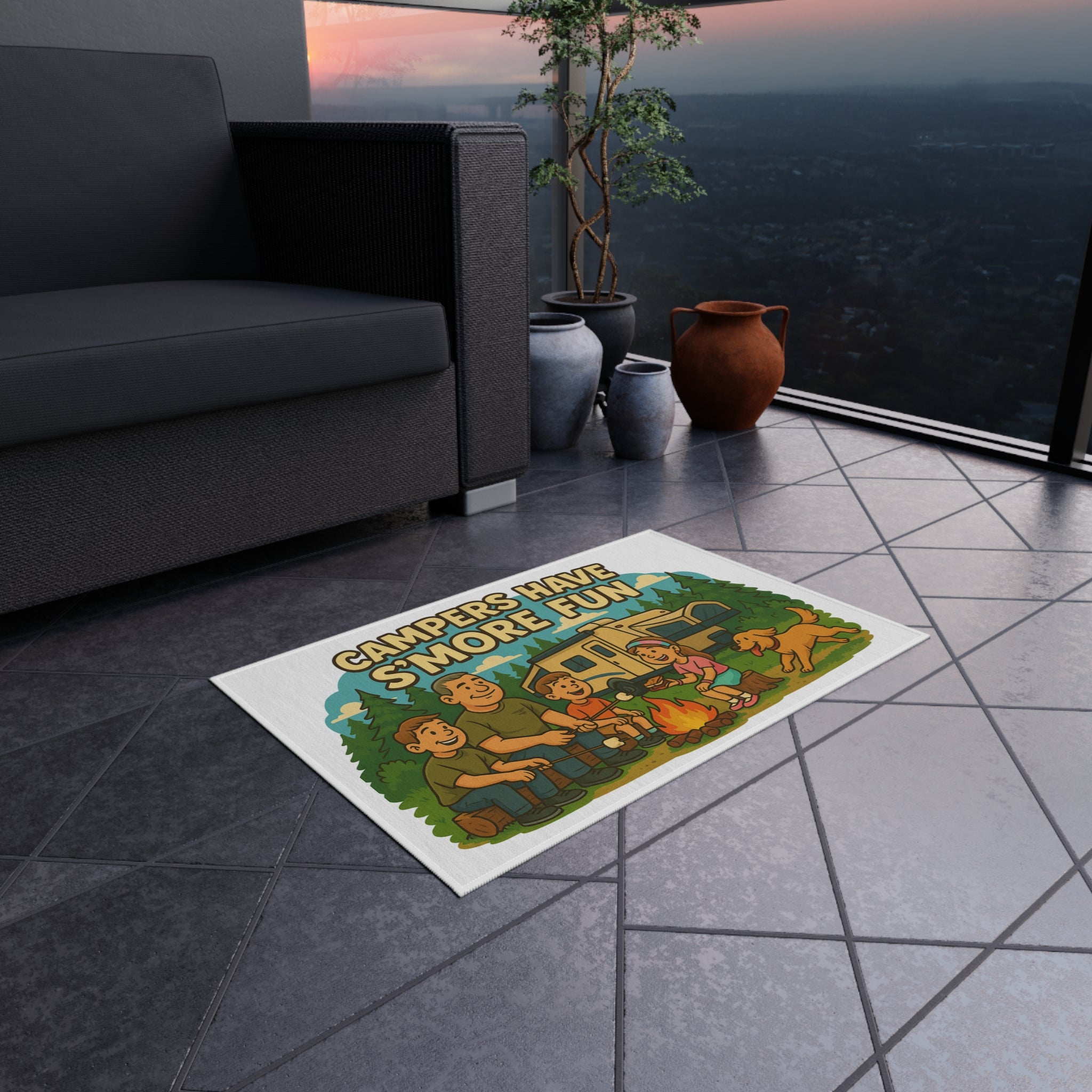 Campfire Fun Outdoor Rug, Family Camping Decor, Patio Mat, Garden Rug, Outdoor Entertaining, S'mores Themed