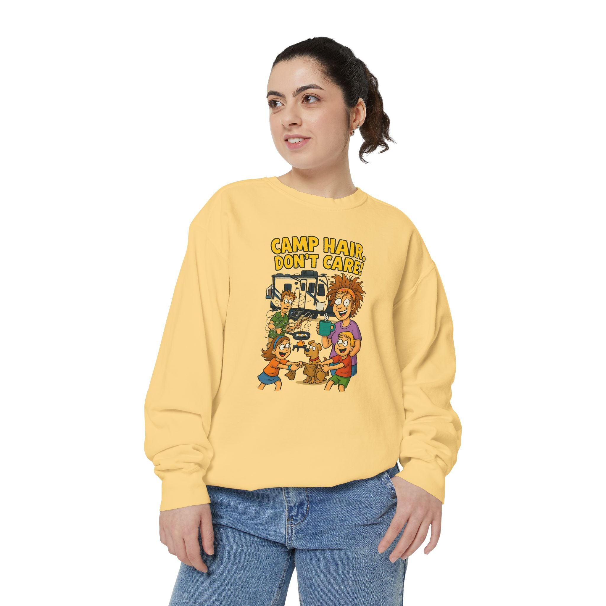 Camp Hair Don't Care Sweatshirt, Cozy Unisex Sweater, Perfect for Campers, Gift for Travel Lovers, Casual Outfit, All Season