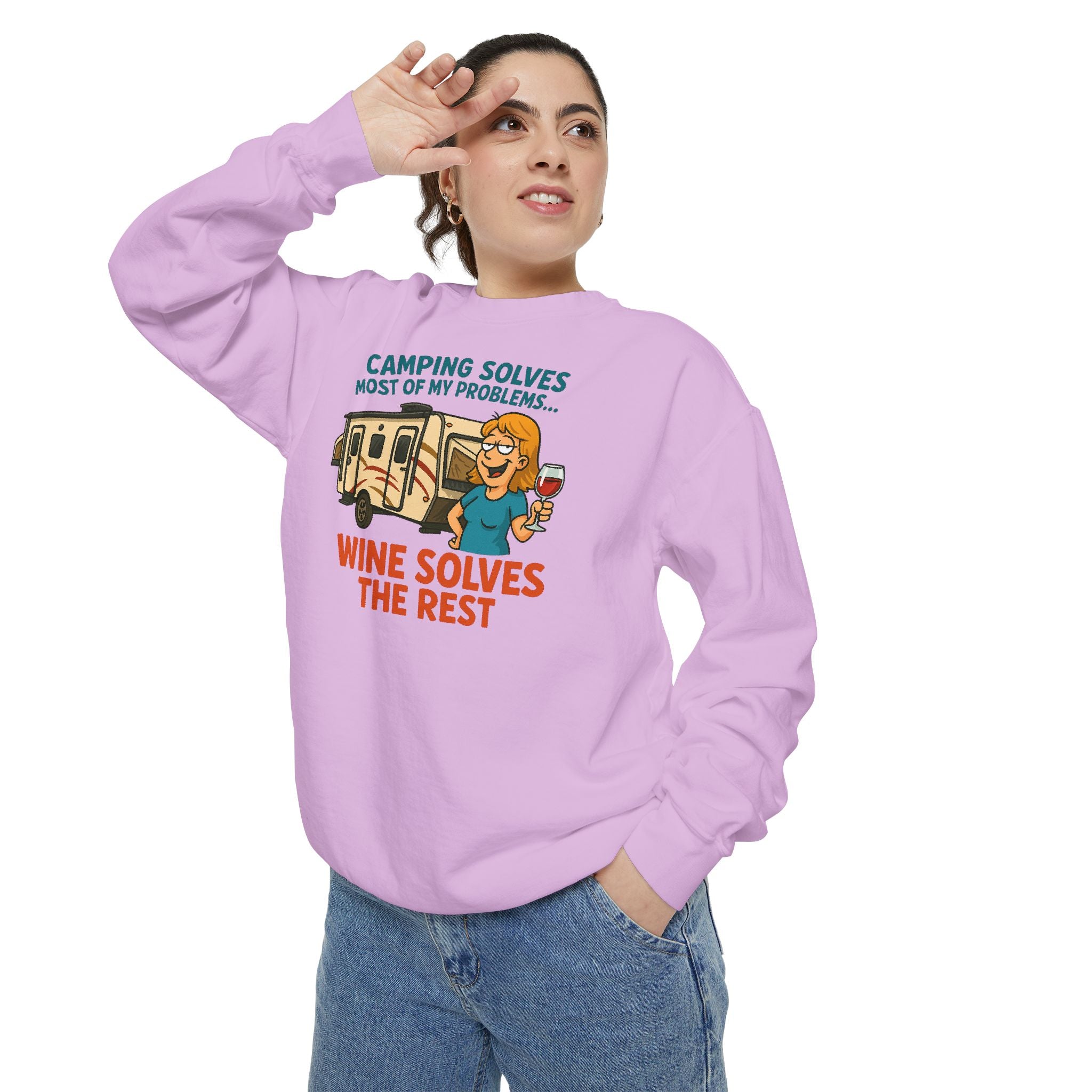 Camping Wine Sweatshirt | Unisex Garment-Dyed Pullover | Cozy Gift for Campers | Outdoor Adventures Apparel | Relaxed Fit Top
