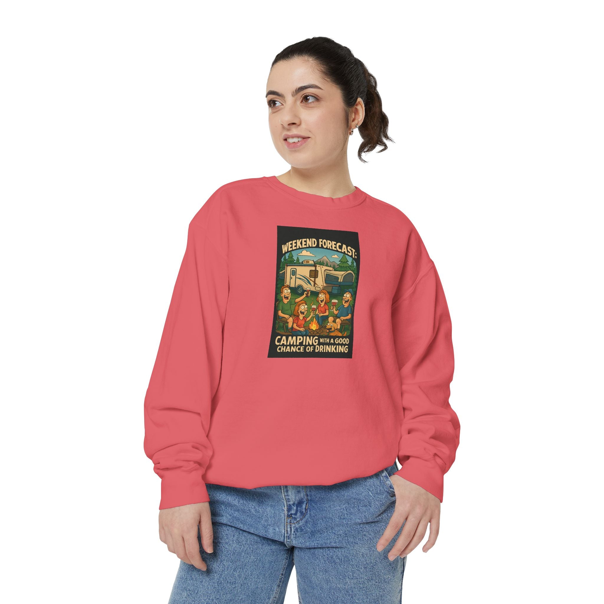 Weekend Forecast Camping Sweatshirt, Cozy Unisex Sweatshirt, Gift for Campers, Outdoor Adventure Apparel, Relaxed Fit Sweatshirt
