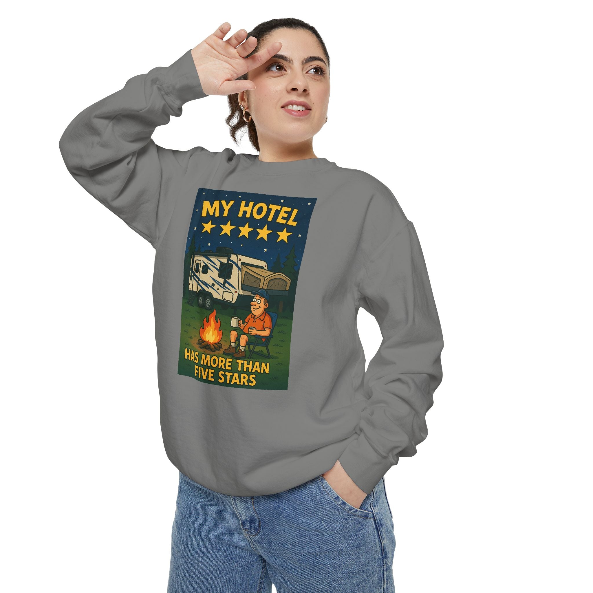 My Hotel Sweatshirt - Cozy Camping Apparel, Unisex Garment-Dyed Sweatshirt for Outdoor Lovers, Perfect for Bonfire Nights, Gift for Campers