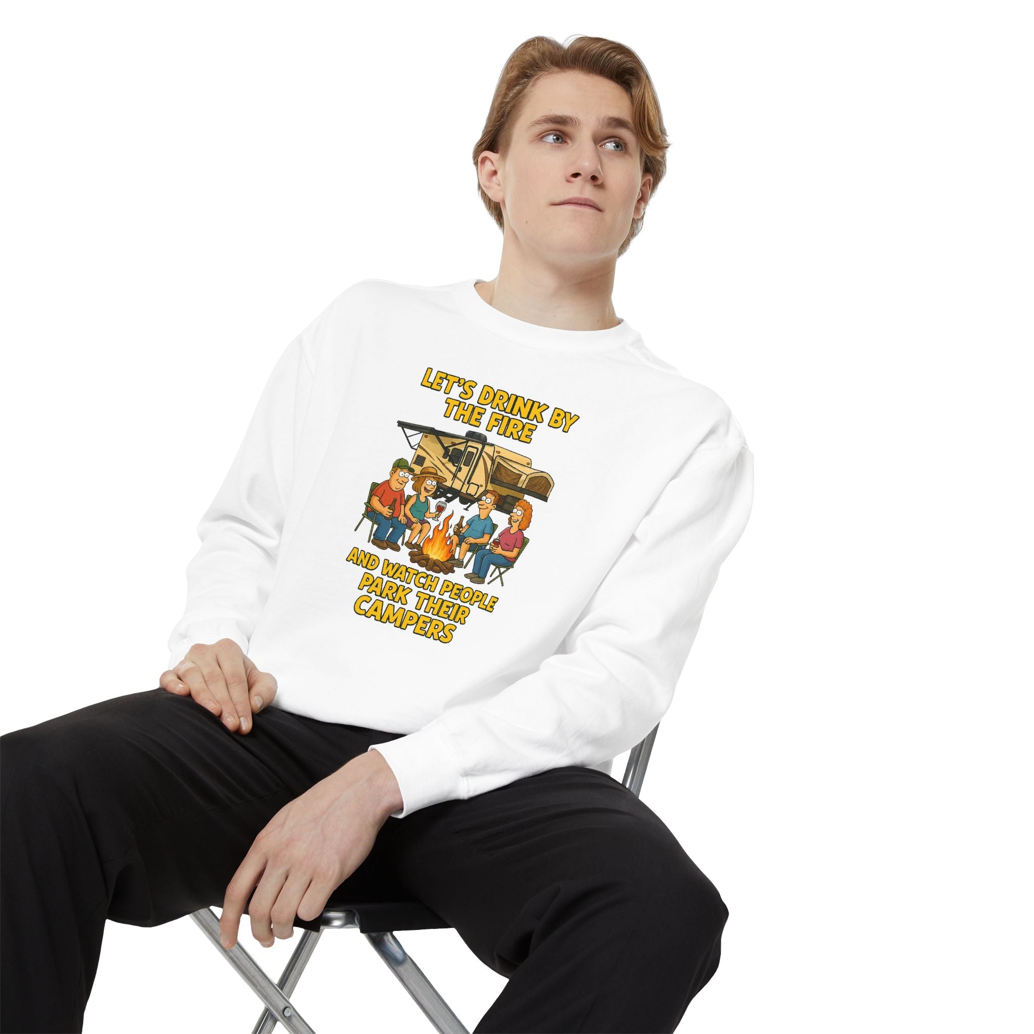Cozy Campfire Sweatshirt - Let’s Drink by the Fire, Unisex Pullover, Perfect for Bonfires, Camping Trips, Outdoor Gatherings, Cozy Nights