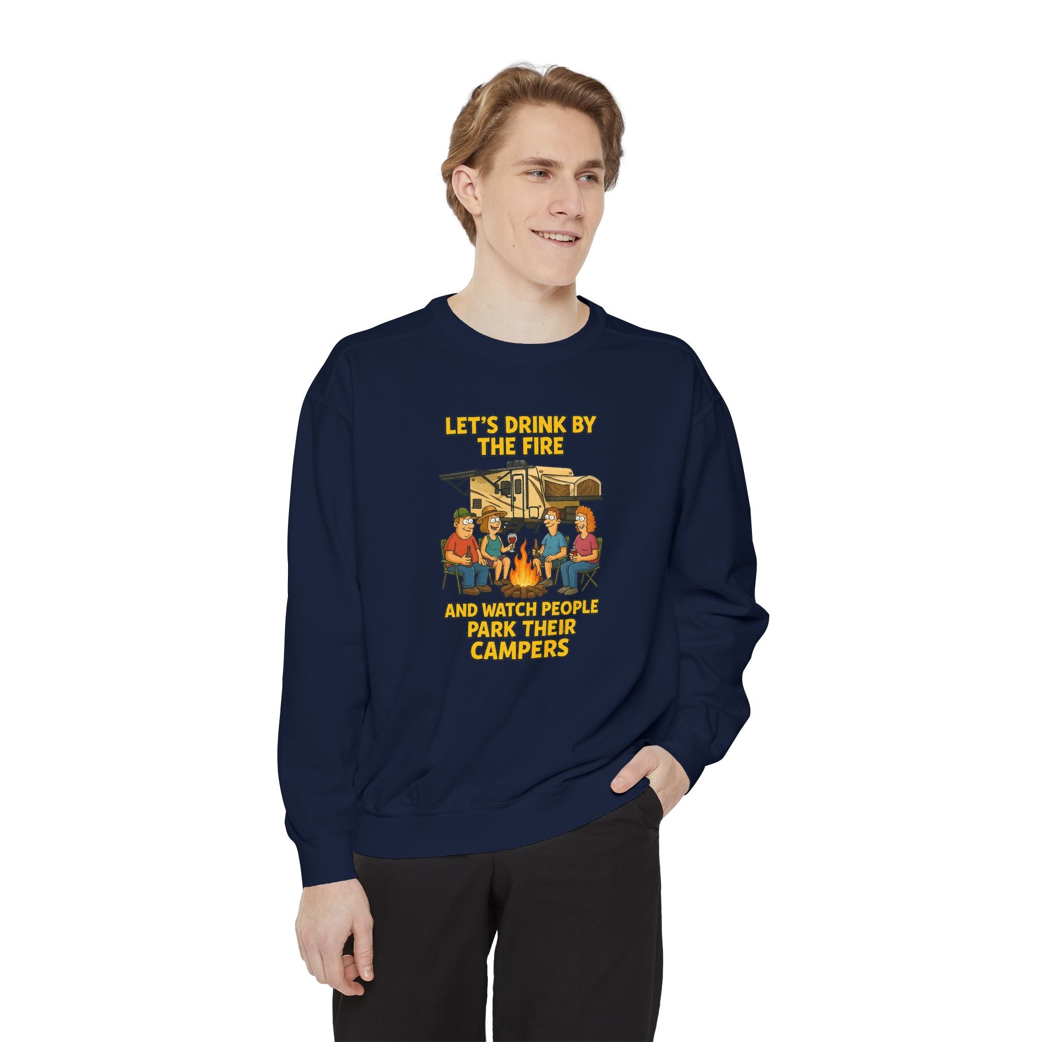 Cozy Campfire Sweatshirt - Let’s Drink by the Fire, Unisex Pullover, Perfect for Bonfires, Camping Trips, Outdoor Gatherings, Cozy Nights