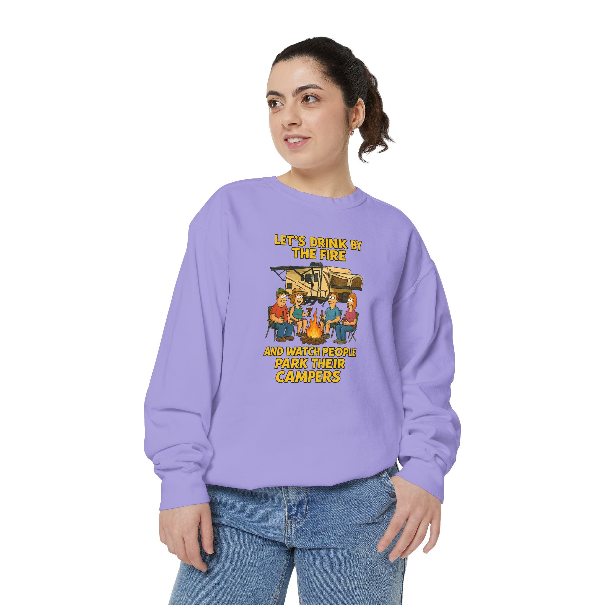Cozy Campfire Sweatshirt - Let’s Drink by the Fire, Unisex Pullover, Perfect for Bonfires, Camping Trips, Outdoor Gatherings, Cozy Nights