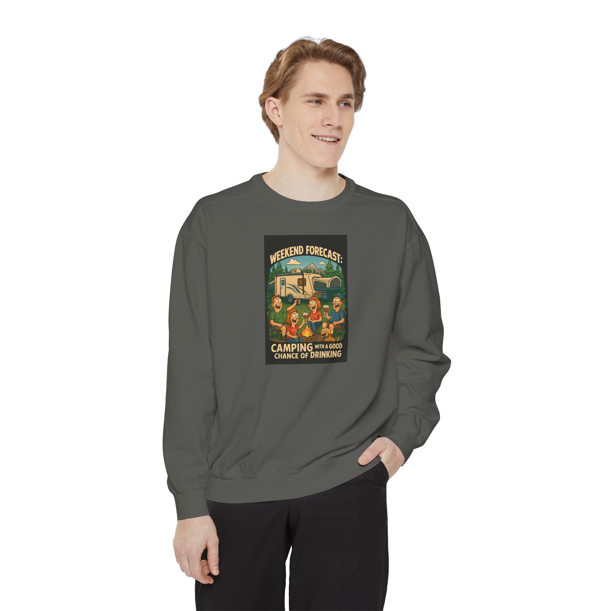 Weekend Forecast Camping Sweatshirt, Cozy Unisex Sweatshirt, Gift for Campers, Outdoor Adventure Apparel, Relaxed Fit Sweatshirt