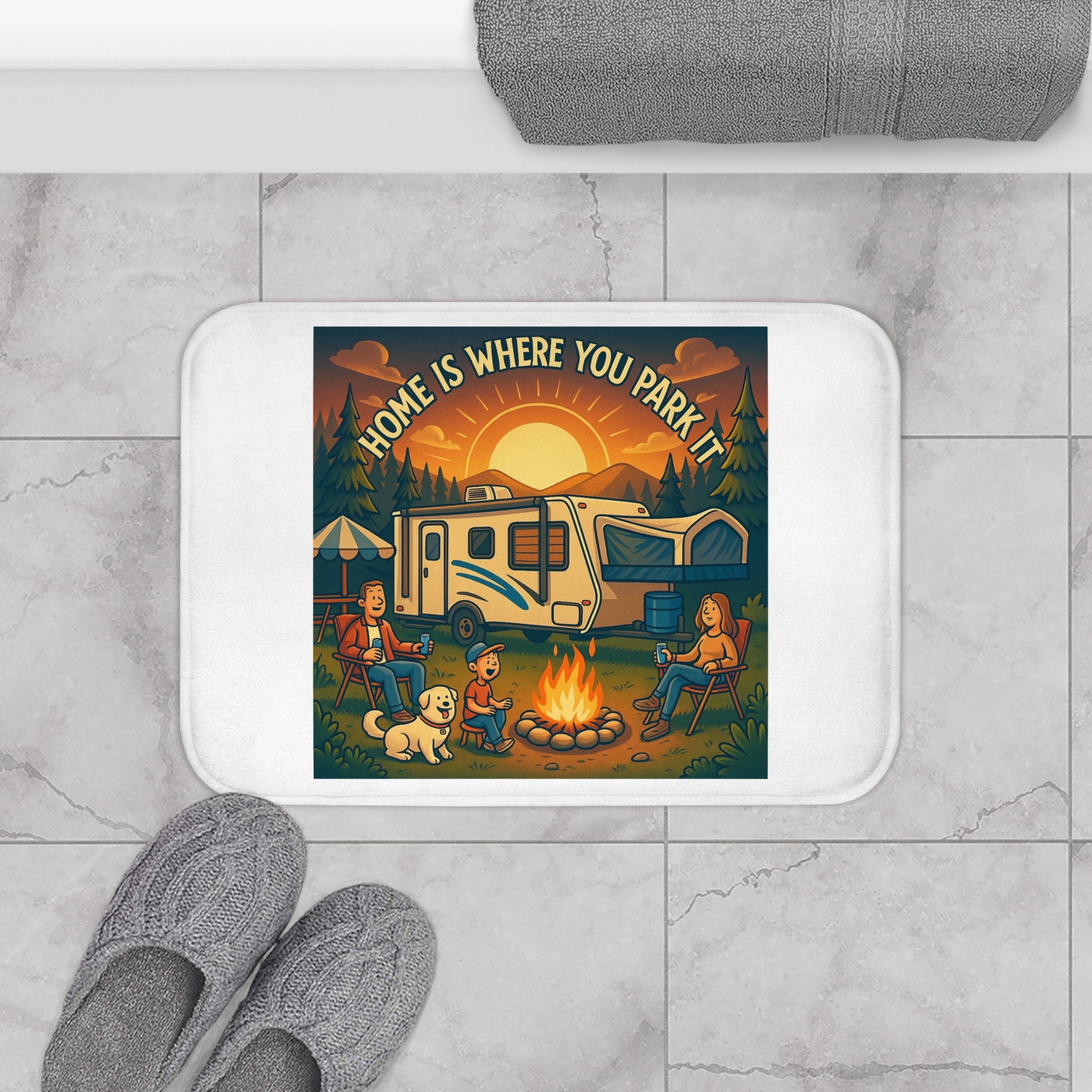Cozy RV Campfire Bath Mat, Camper Decor, Home is Where You Park It Mat, Camping Gift, Outdoor Enthusiast Bath Rug, Adventure Bathroom Mat