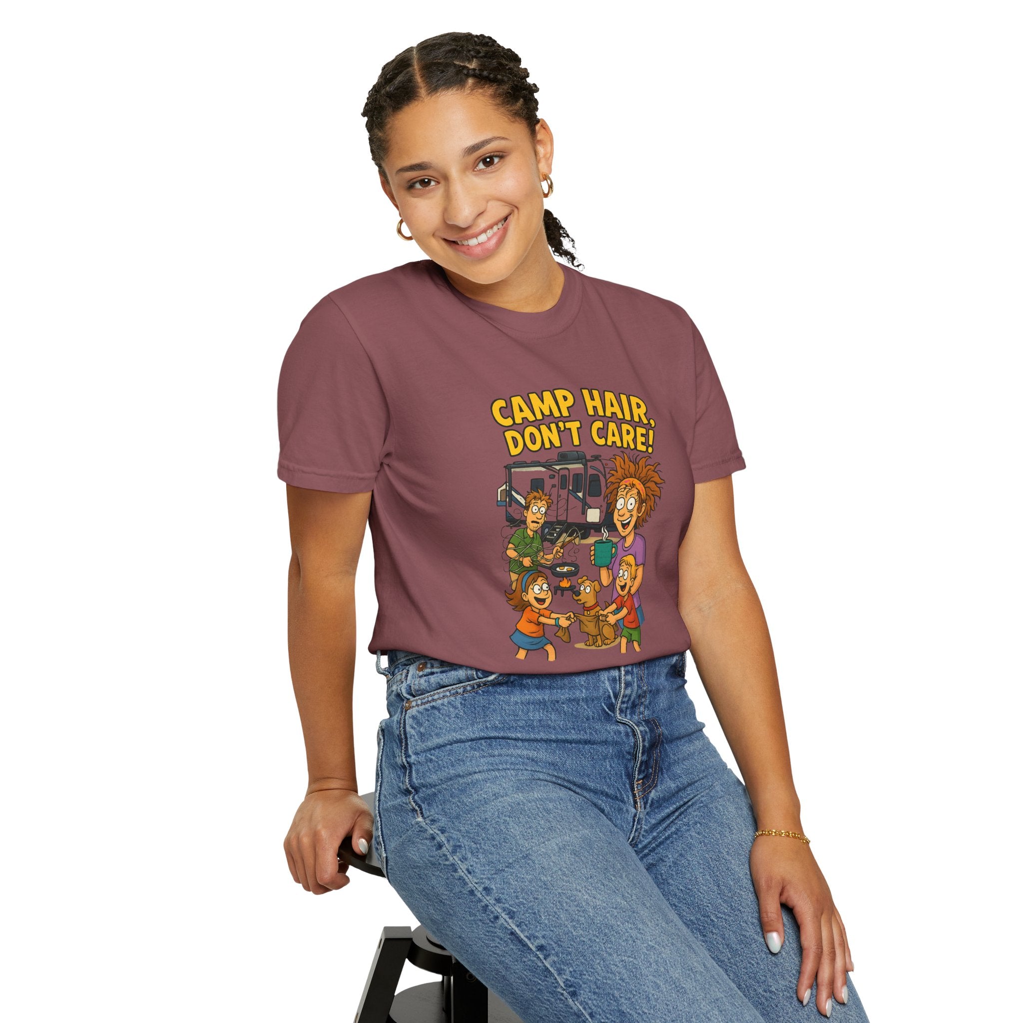 Camp Hair Don't Care T-Shirt, Unisex Garment-Dyed Tee, Camping Apparel, Funny Summer Shirt, Outdoor Lovers Gift, Vacation Essential