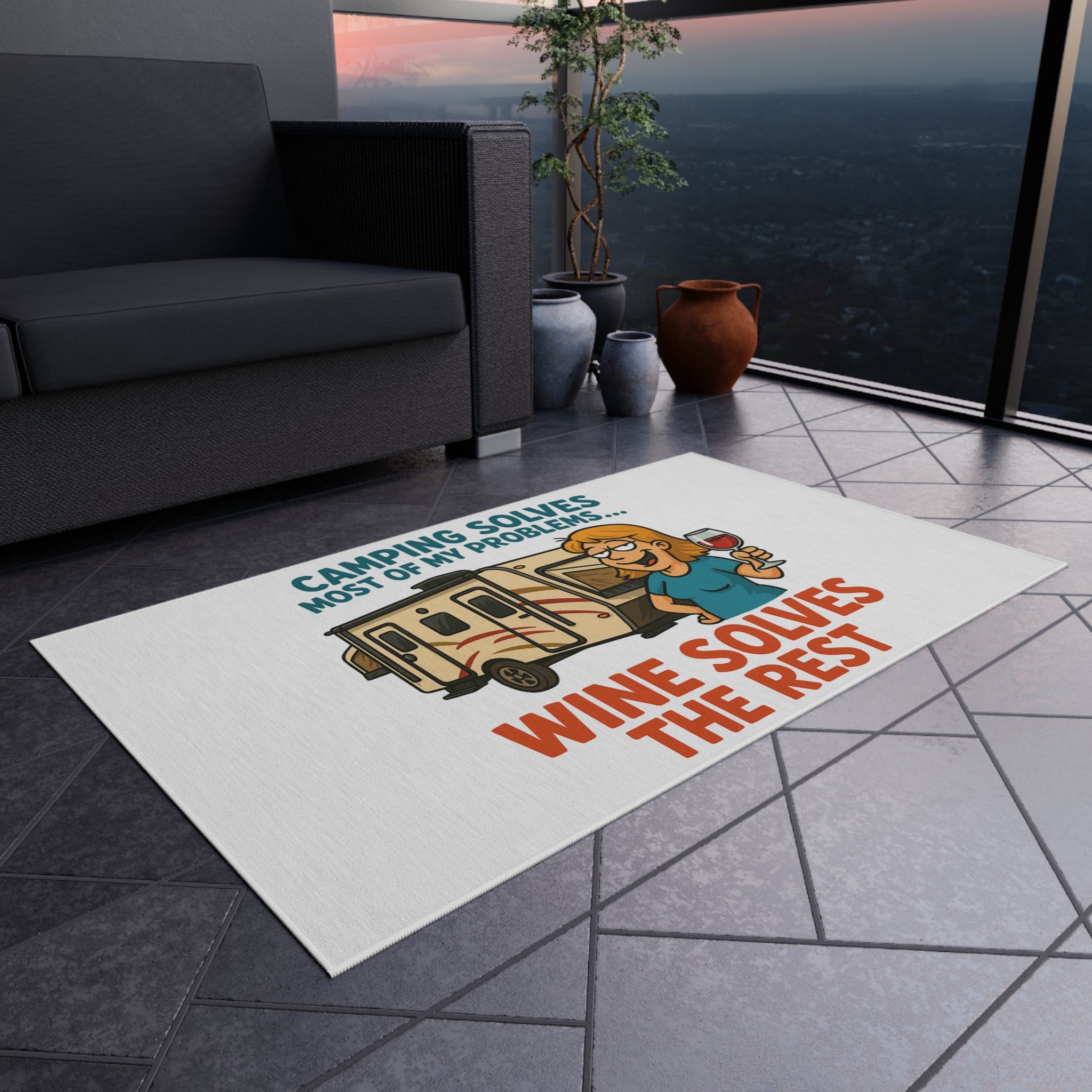 Camping Outdoor Rug - Wine Solves the Rest, Patio Decor, RV Accessories, Outdoor Living, Camping Gear