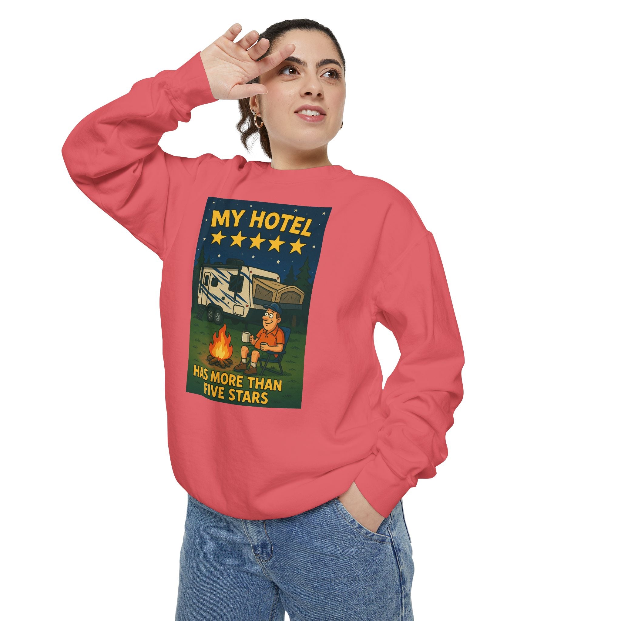My Hotel Sweatshirt - Cozy Camping Apparel, Unisex Garment-Dyed Sweatshirt for Outdoor Lovers, Perfect for Bonfire Nights, Gift for Campers