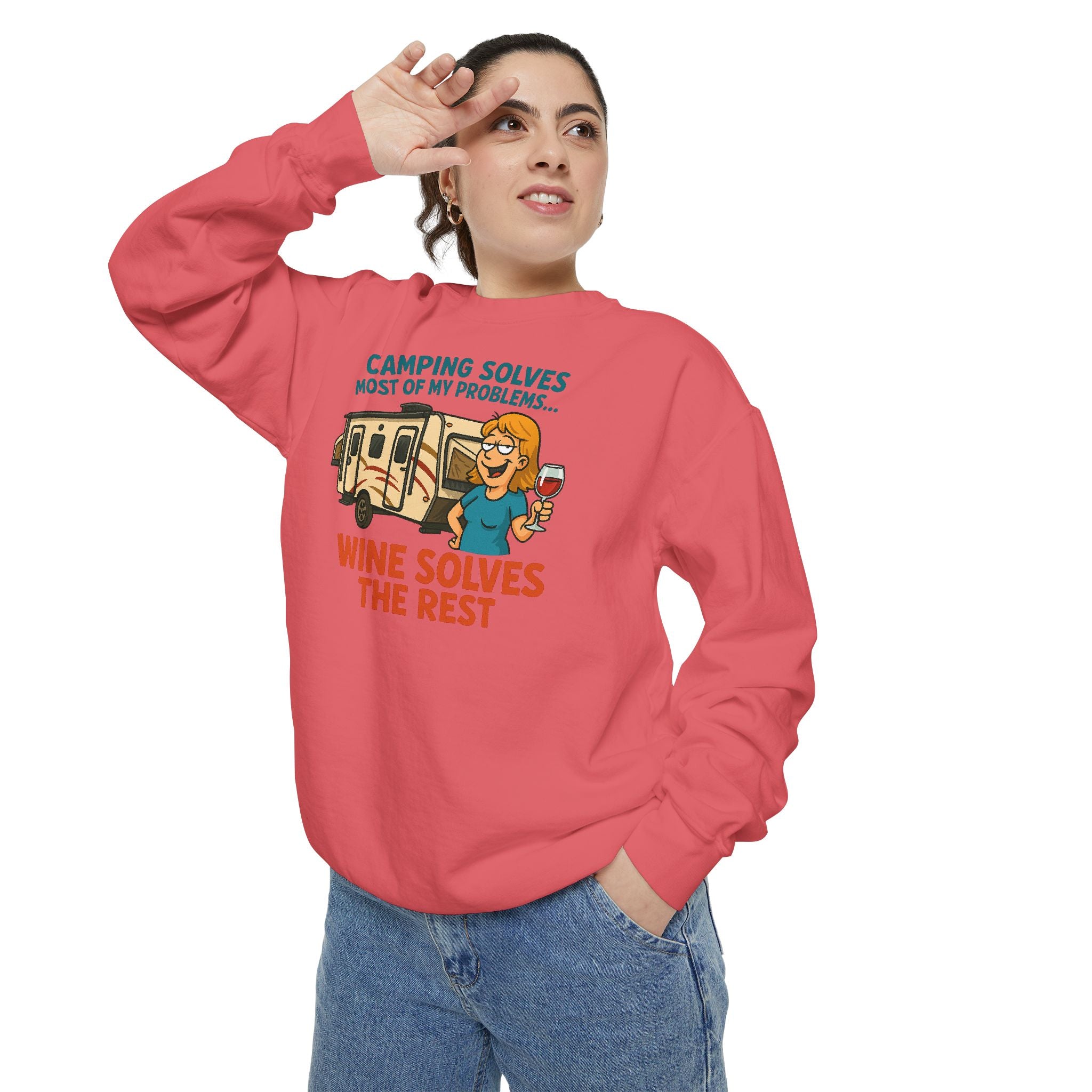 Camping Wine Sweatshirt | Unisex Garment-Dyed Pullover | Cozy Gift for Campers | Outdoor Adventures Apparel | Relaxed Fit Top