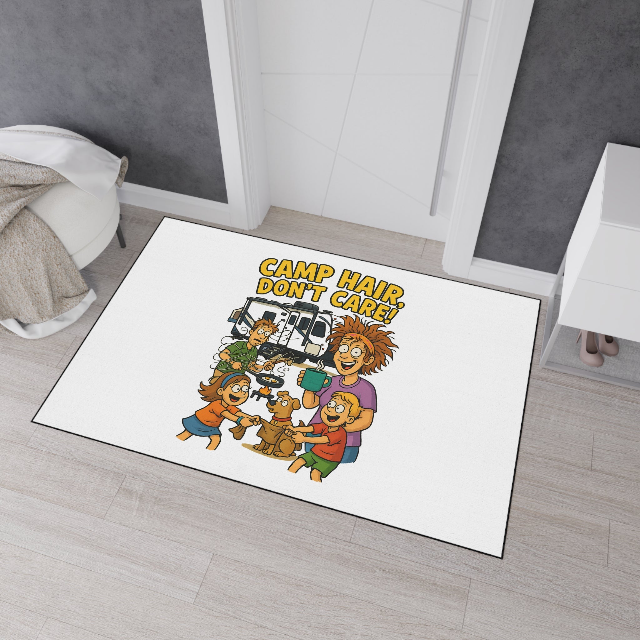Camp Hair Don't Care Mat | Heavy Duty Floor Mat for Home, RV, Camping, Outdoor Decor, Fun Family Gift