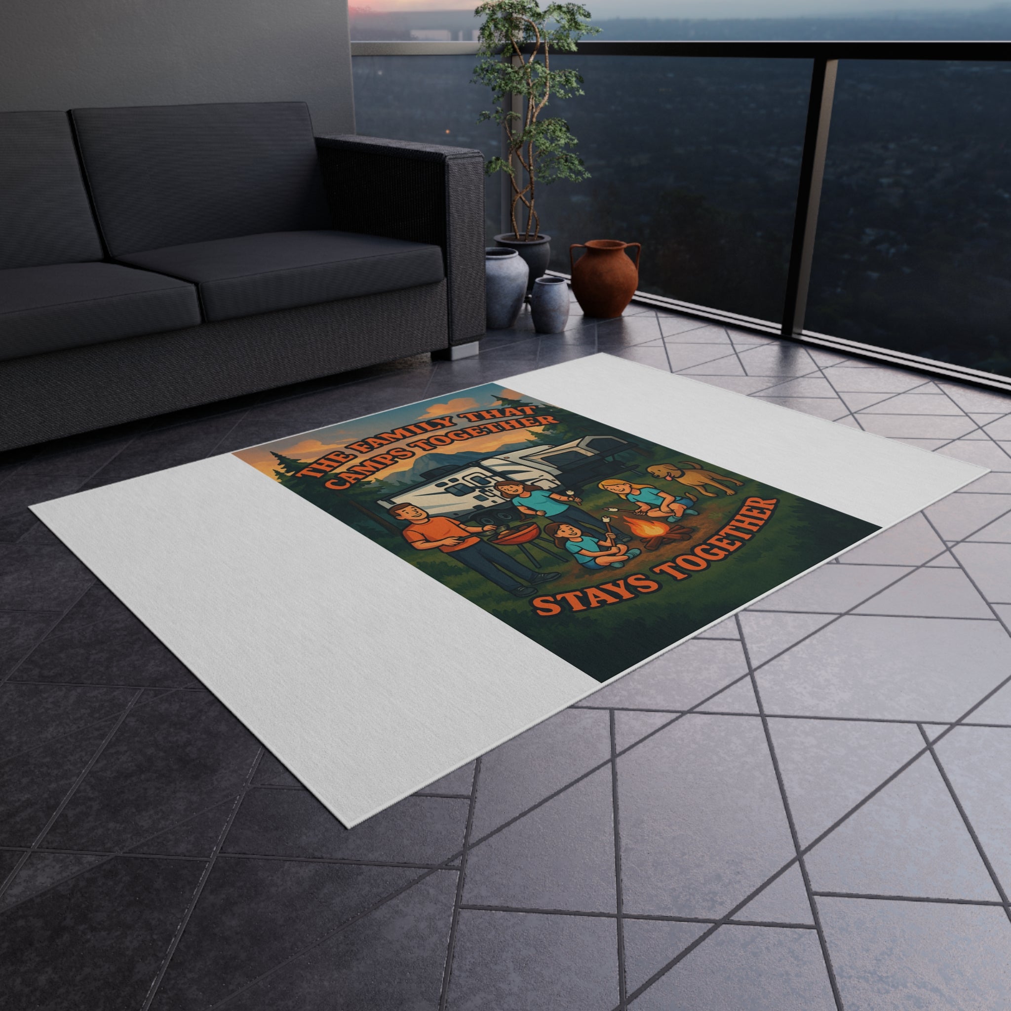 Camping Family Outdoor Rug, Cozy Camp Mat, RV Decor, Family Gathering Accessories, Outdoor Living Essentials