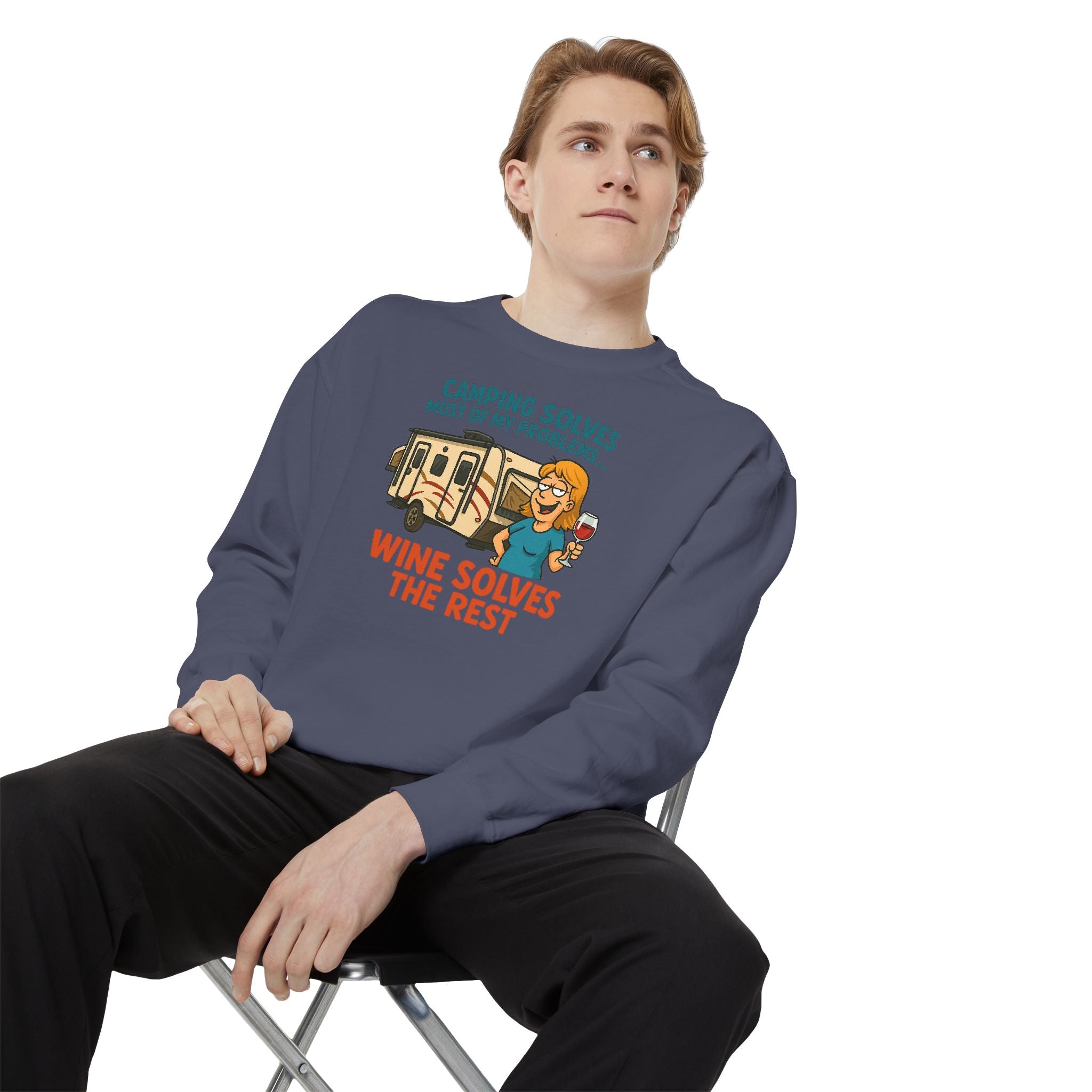 Camping Wine Sweatshirt | Unisex Garment-Dyed Pullover | Cozy Gift for Campers | Outdoor Adventures Apparel | Relaxed Fit Top