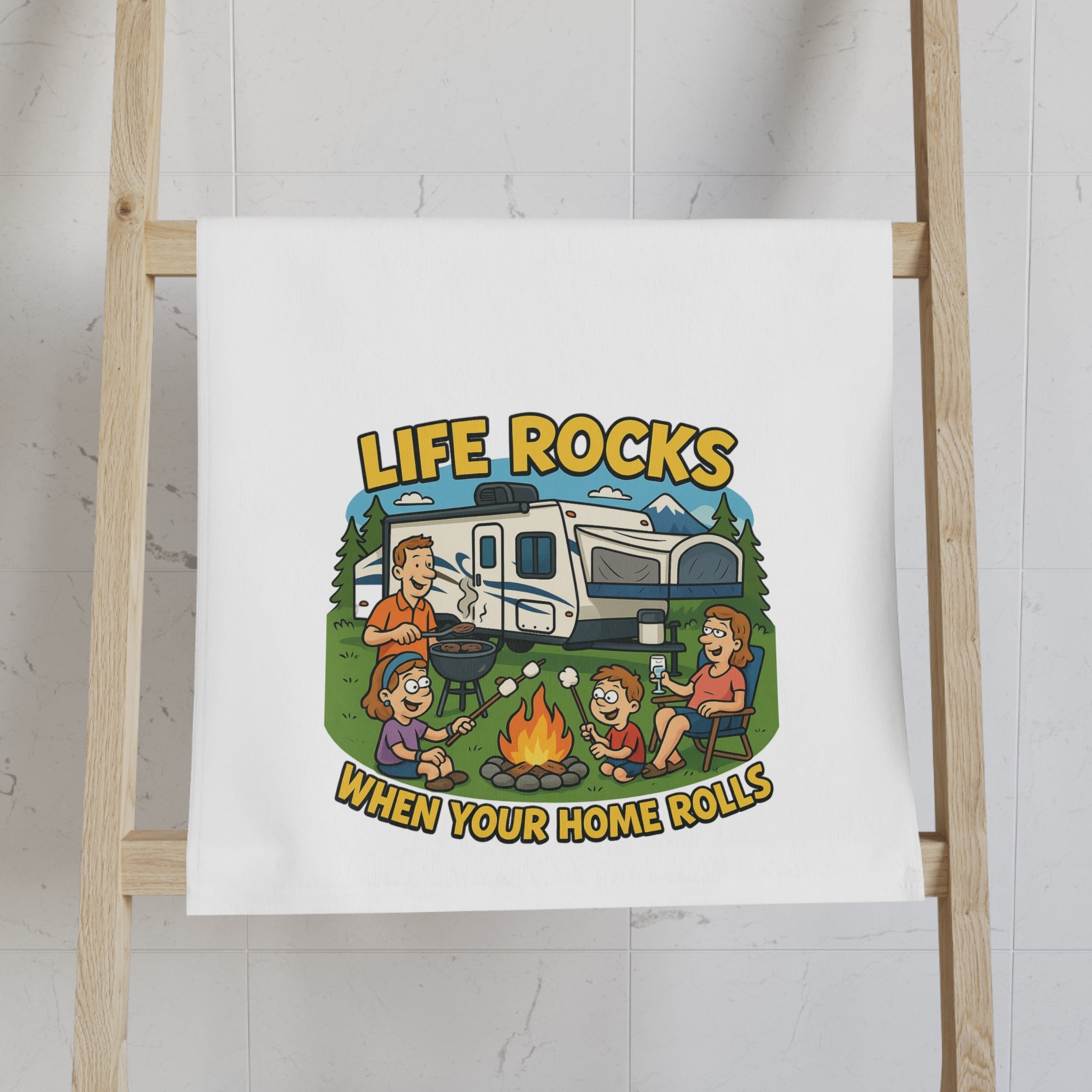 RV Camping Hand Towel, Fun Outdoor Towels, Gift for Campers, Kitchen Towel, Life Rocks Home Rolls