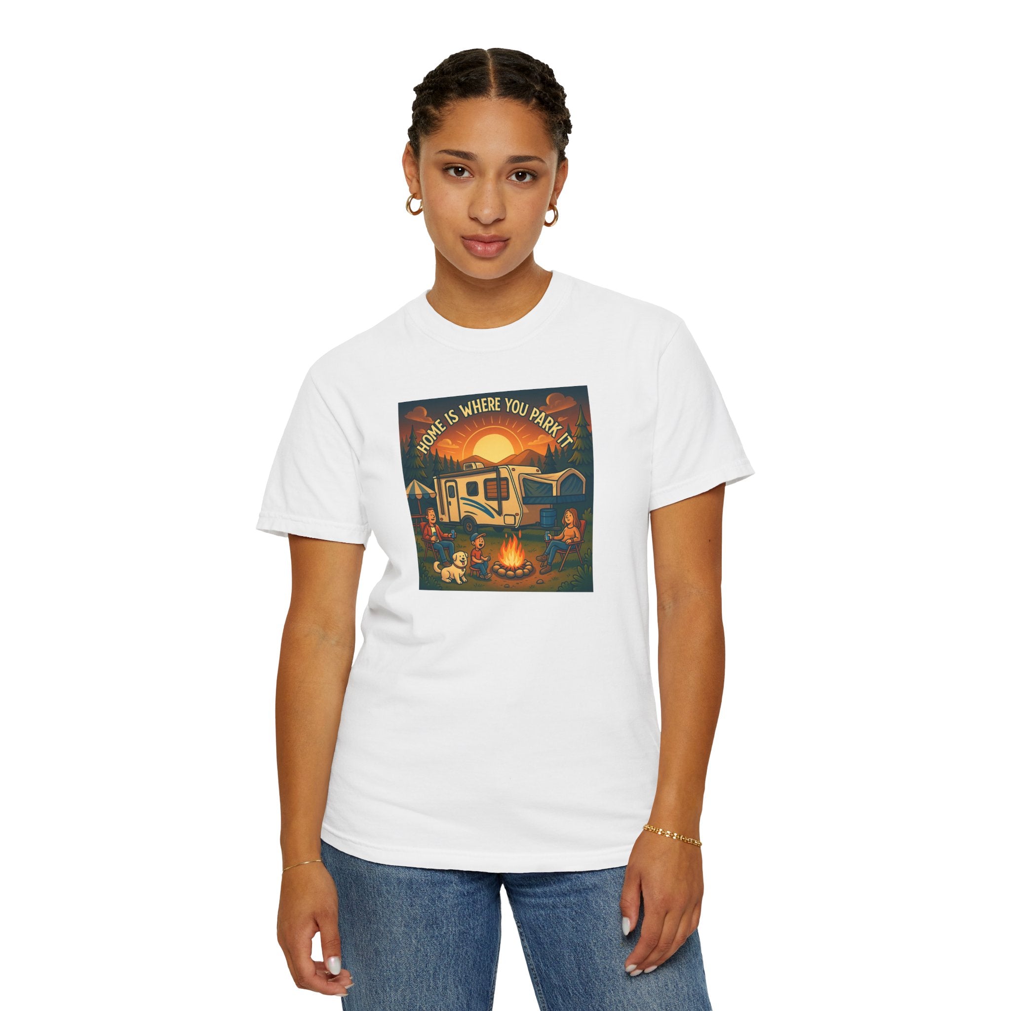 Home Is Where You Park T-shirt - Unisex Garment-Dyed Tee for Campers, Adventure Lovers, Outdoor Enthusiasts, Gift Idea