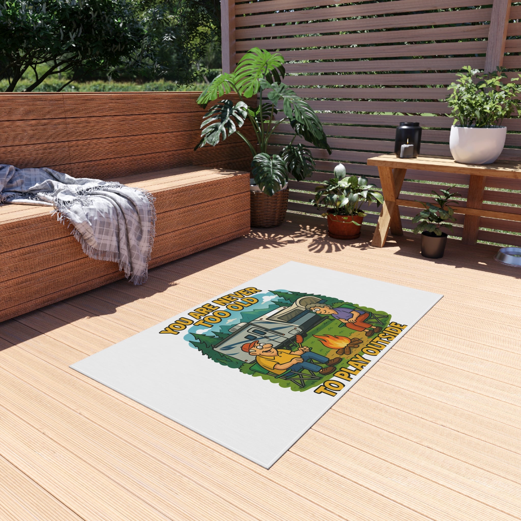 Outdoor Rug - 'You Are Never Too Old to Play Outside' Camping Mats for Patios and Picnics