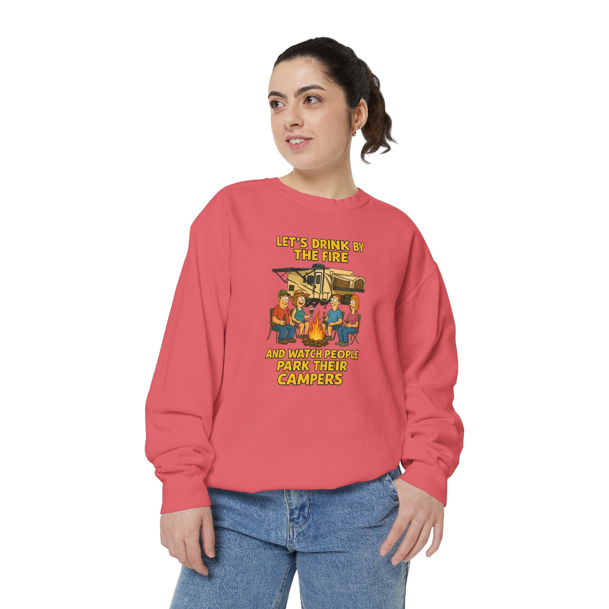 Cozy Campfire Sweatshirt - Let’s Drink by the Fire, Unisex Pullover, Perfect for Bonfires, Camping Trips, Outdoor Gatherings, Cozy Nights